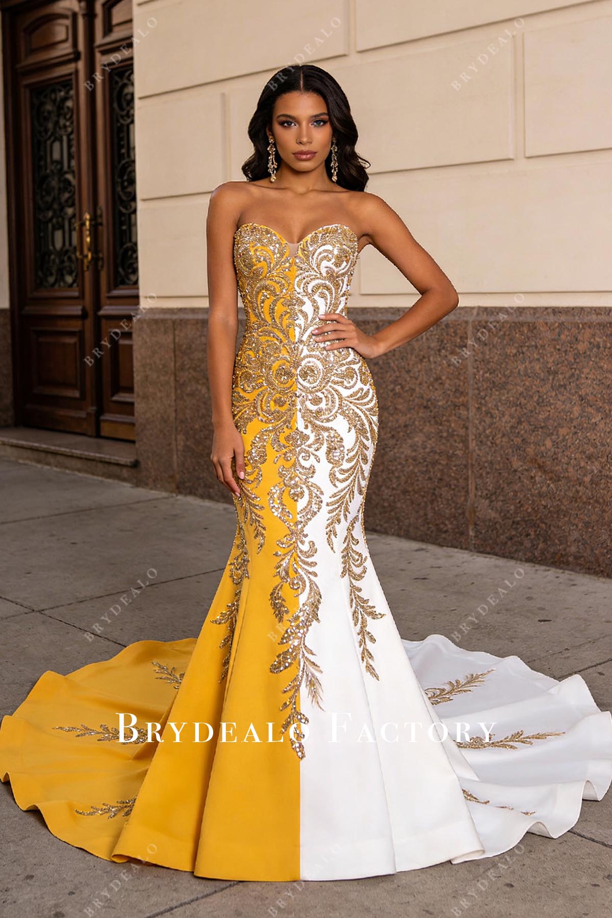 sachin and babi light blue dress Custom Split Color Embroidery Sequin Tulle Trumpet Prom Dress