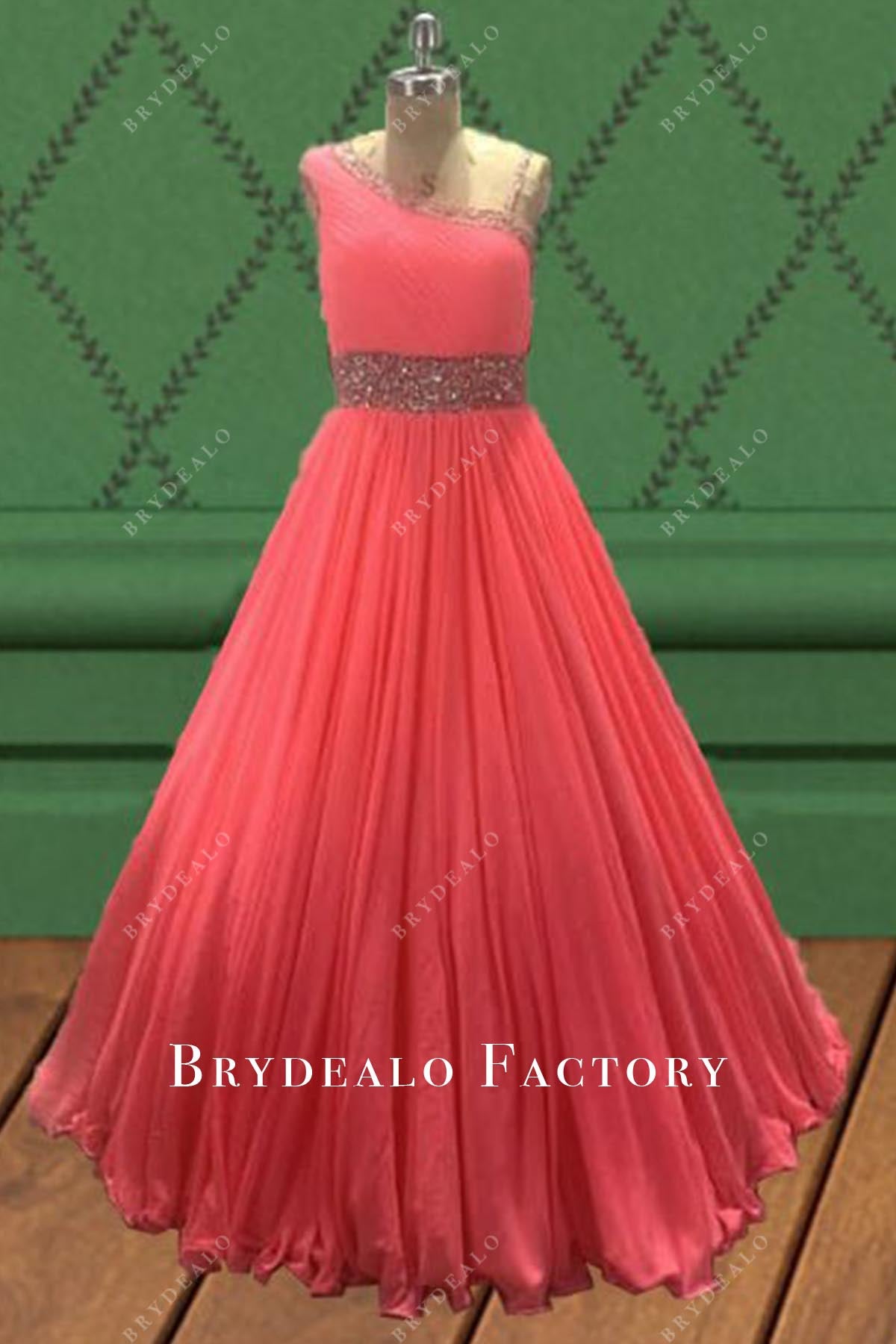Watermelon Asymmetrical Neck A-Line Kids Pageant Dress
