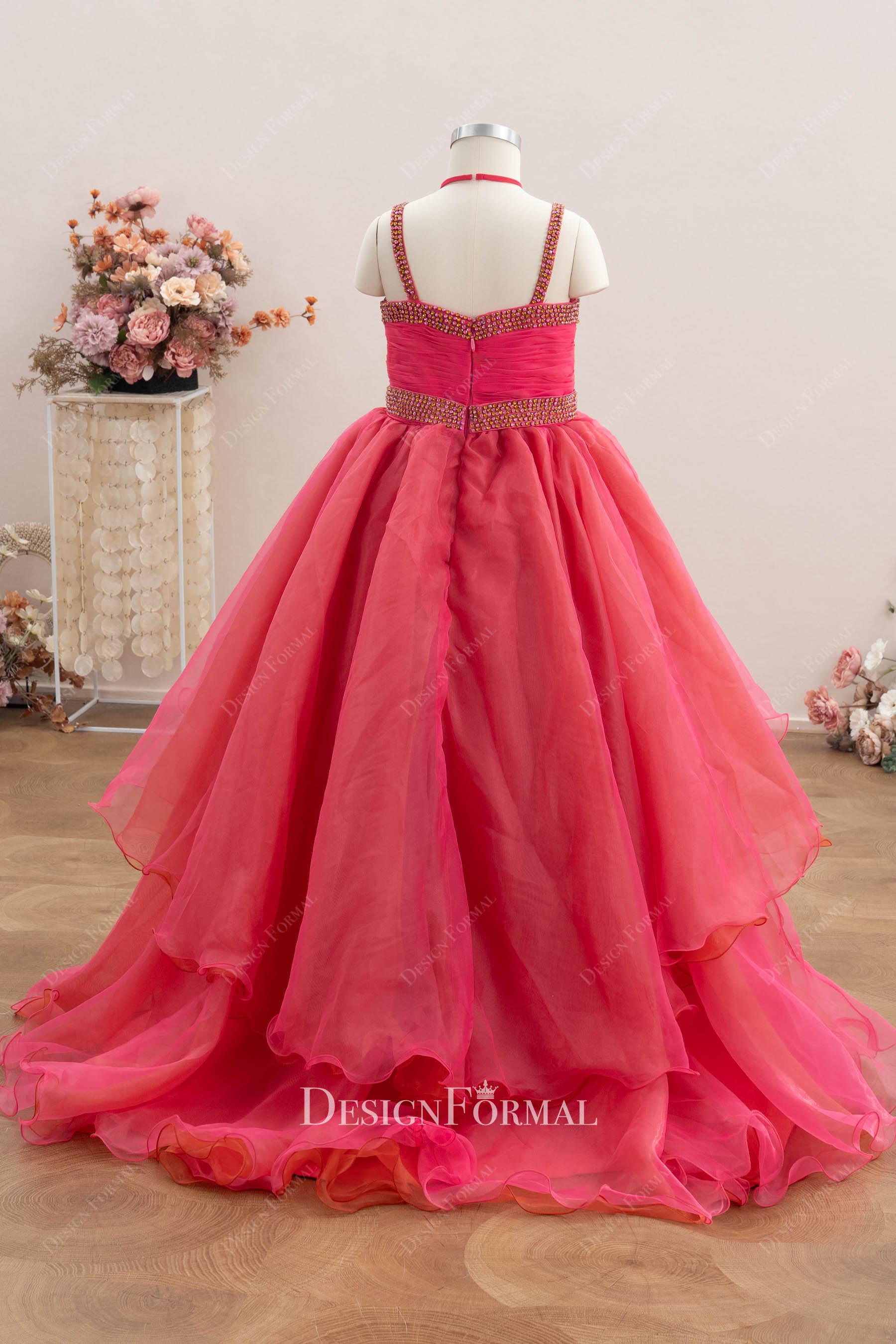 watermelon organza court train pageant dress