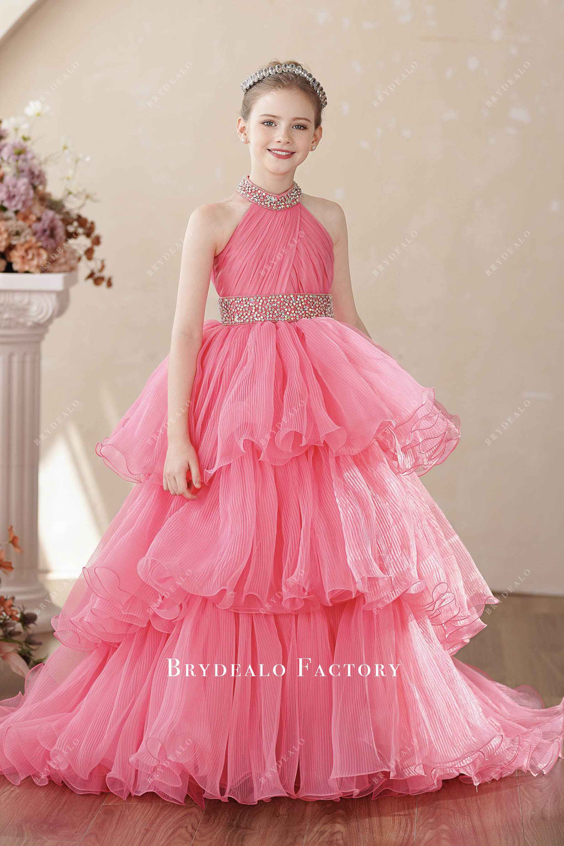 Watermelon Tiered Organza Rhinestone Halter Miss Teen Pageant Dress Watermelon Tiered Organza Rhinestone Halter Miss Teen Pageant Dress