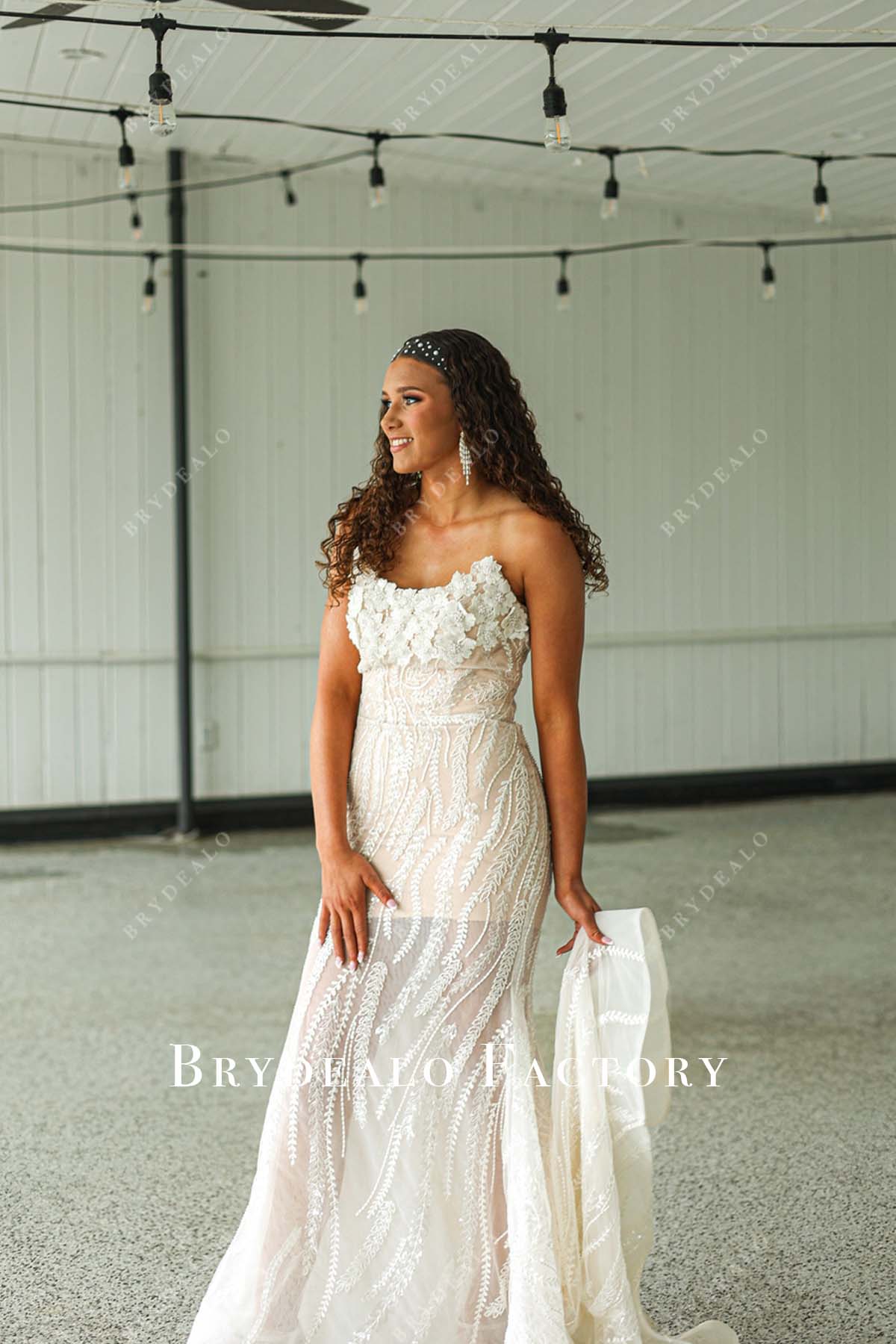 Strapless 3D Flower Lace Fit and Flare Formal Dress, Light Champagne Strapless 3D Flower Lace Fit and Flare Formal Dress, Light Champagne