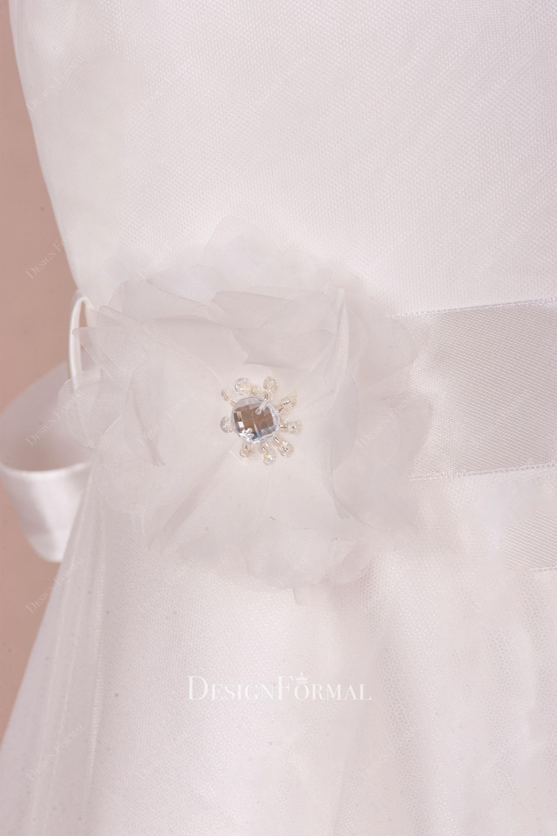 white 3d floral waistband flower girl dress