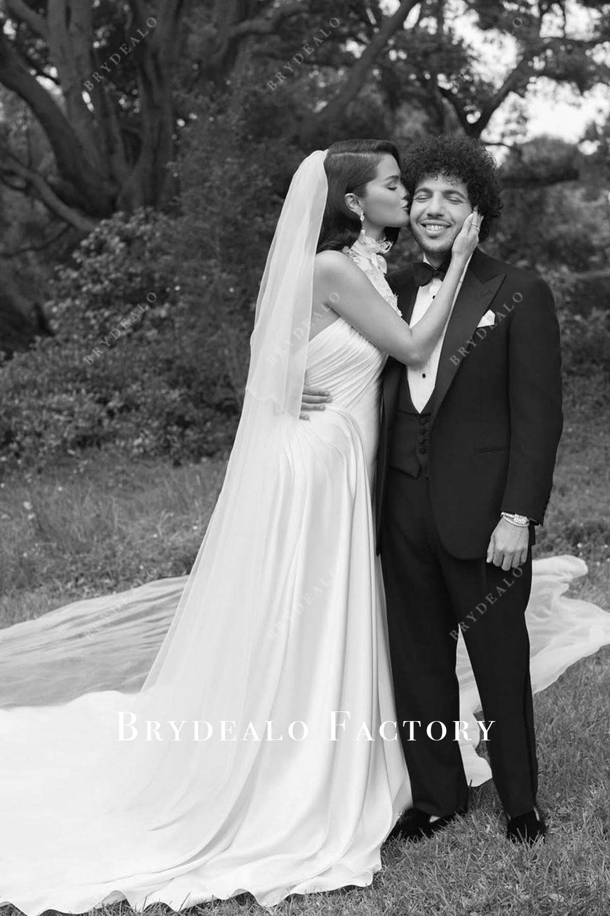 white Selena Gomez pleated a line 2025 wedding dress