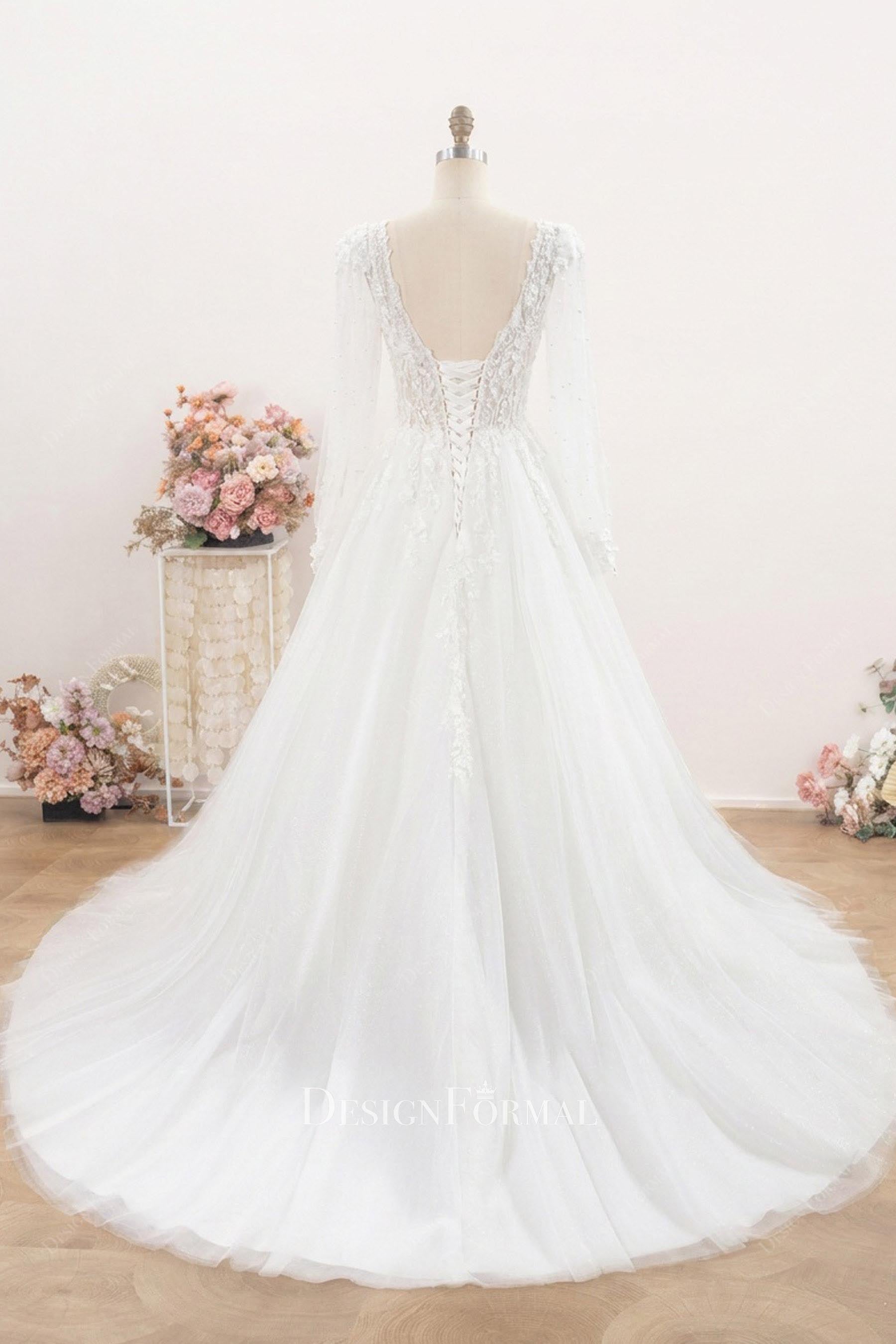 white a line court train wedding dress