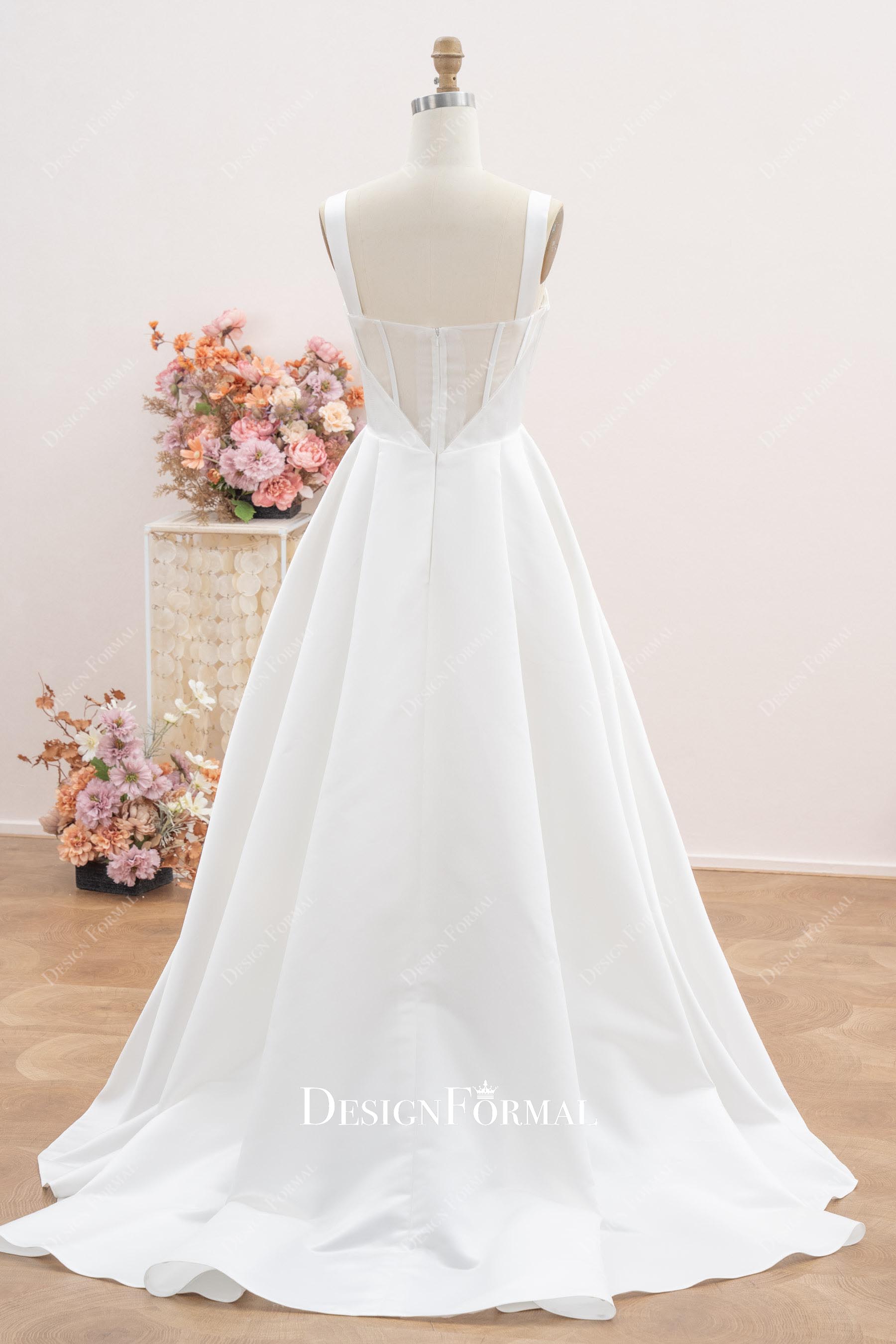 white a line court train wedding dress