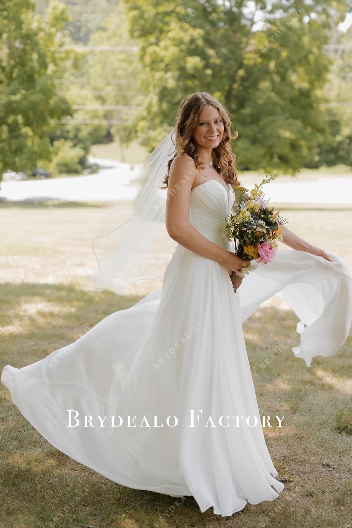 Elegant Pleated Strapless V-Neck A-Line Wedding Dress, Dress+Veil Elegant Pleated Strapless V-Neck A-Line Wedding Dress, Dress+Veil