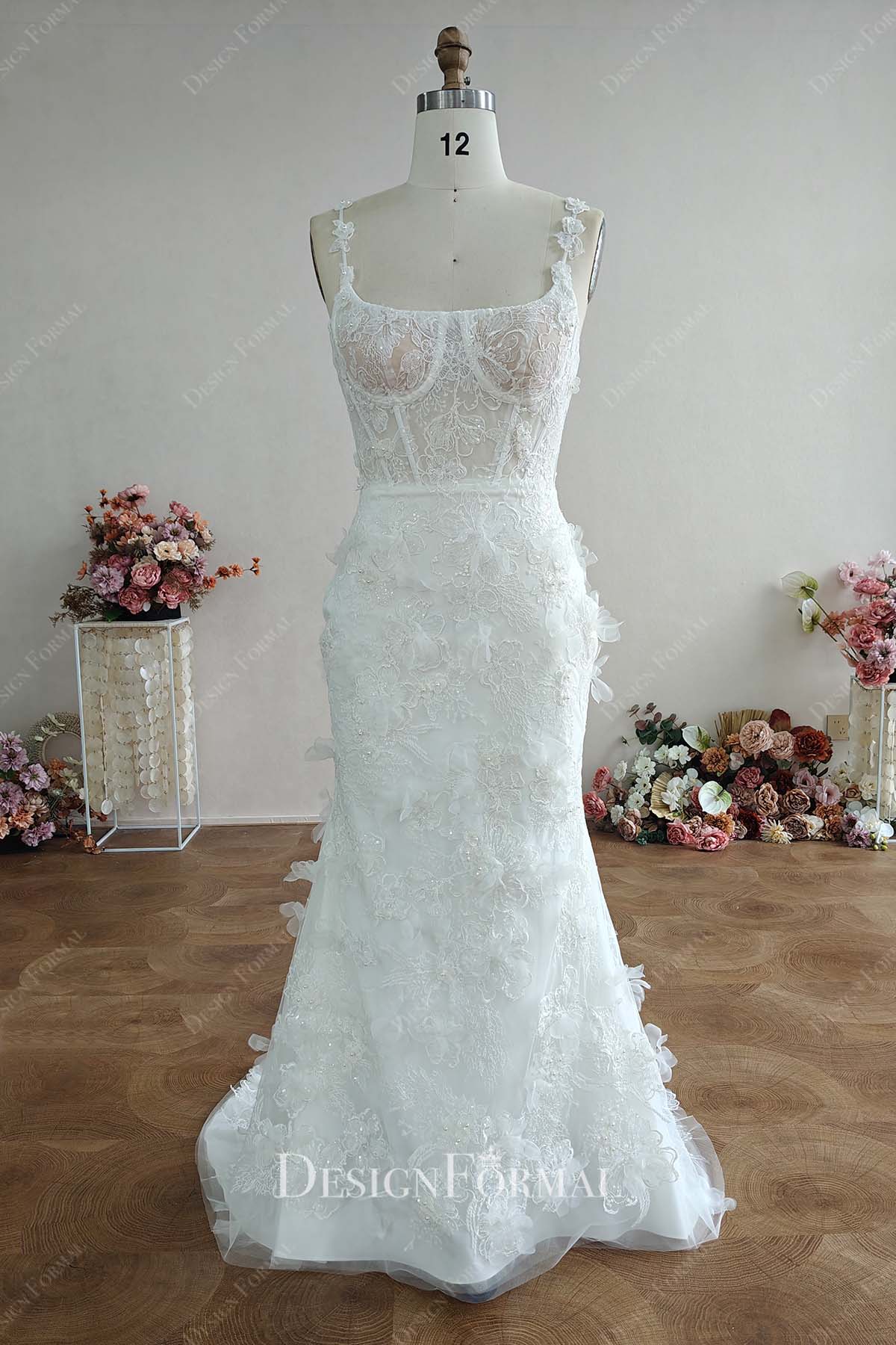 white beaded lace scoop neck wedding dress