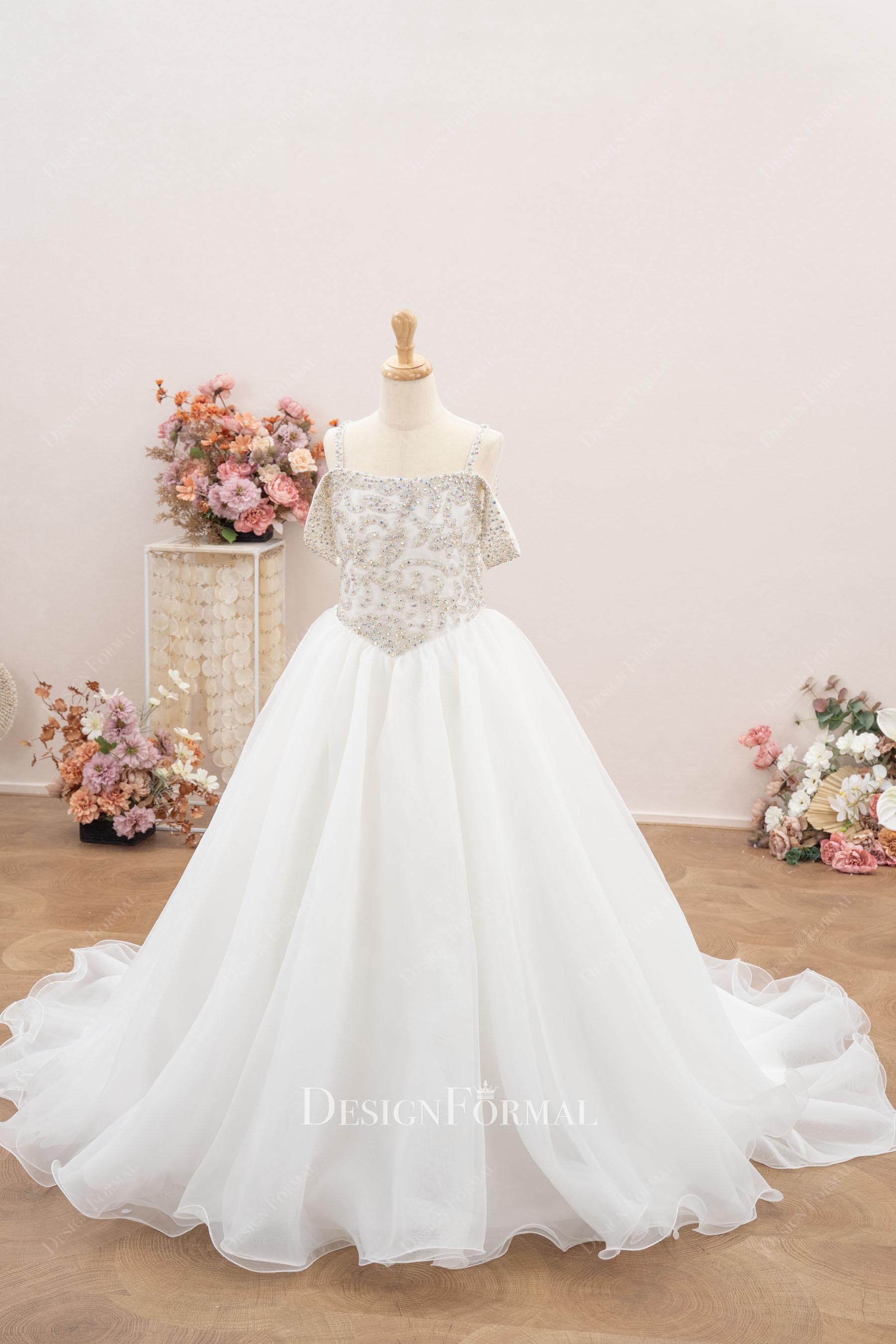 white beaded straps a line first communion dress