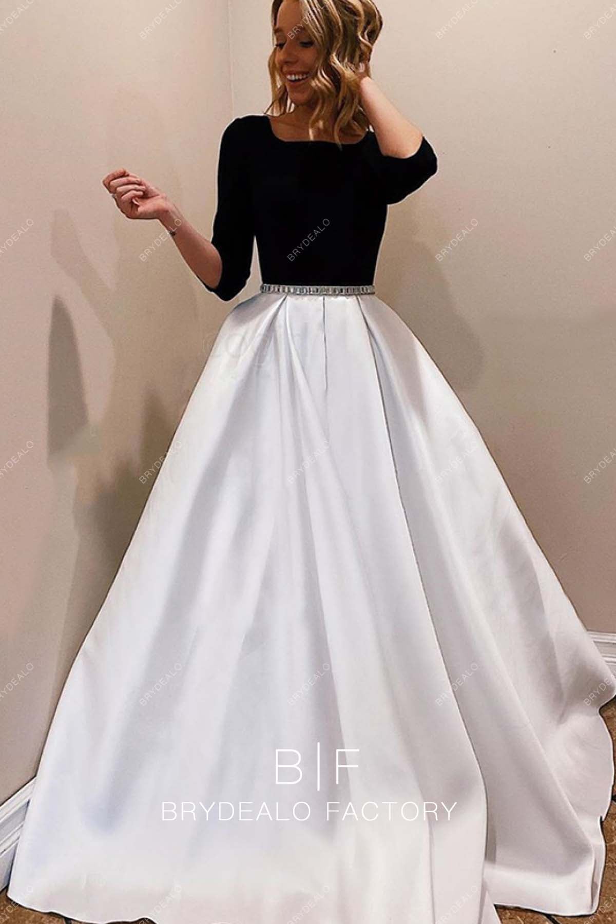 Black White Satin 3/4 Sleeves Prom Ball Gown Graduation Dress