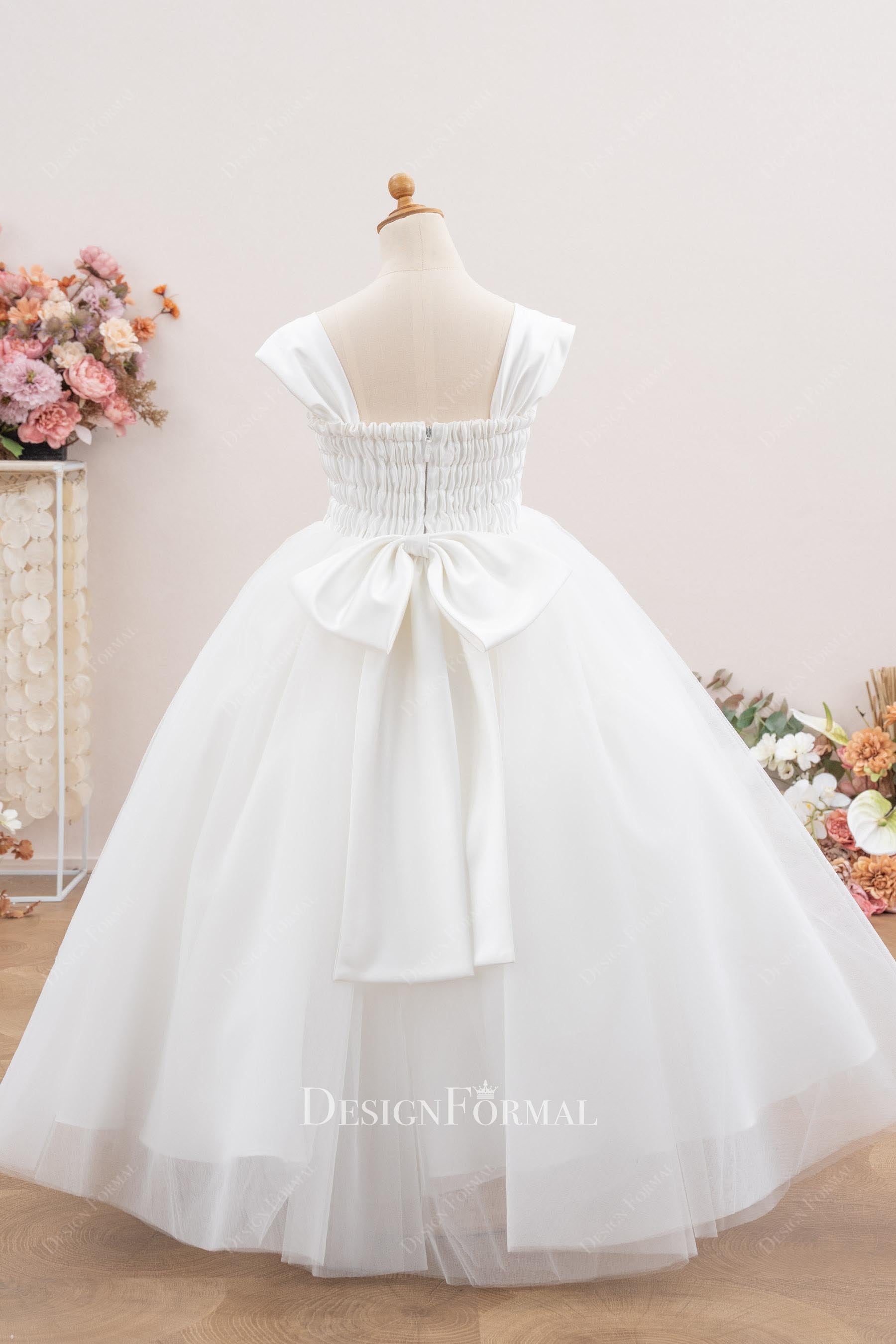 white bowknot flower girl ballgown