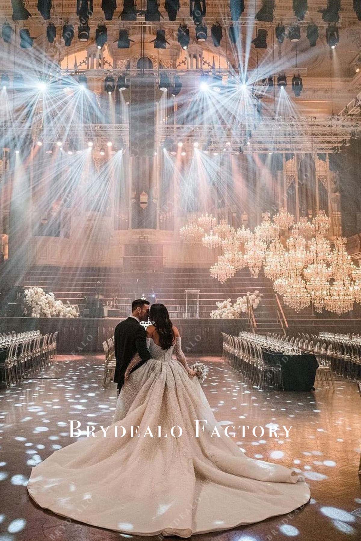 white chapel train wedding dress