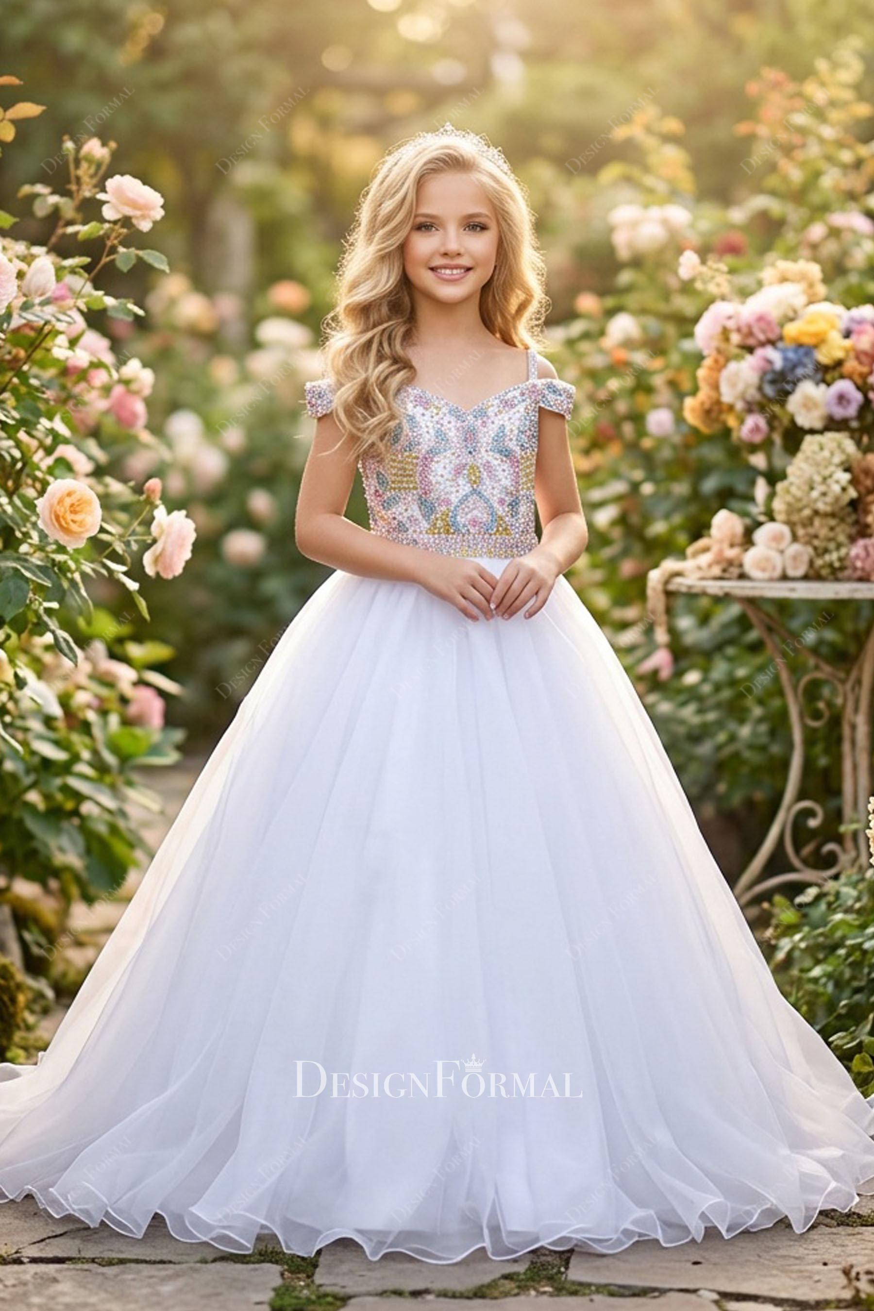 white cold shoulder sleeve kids pageant dress