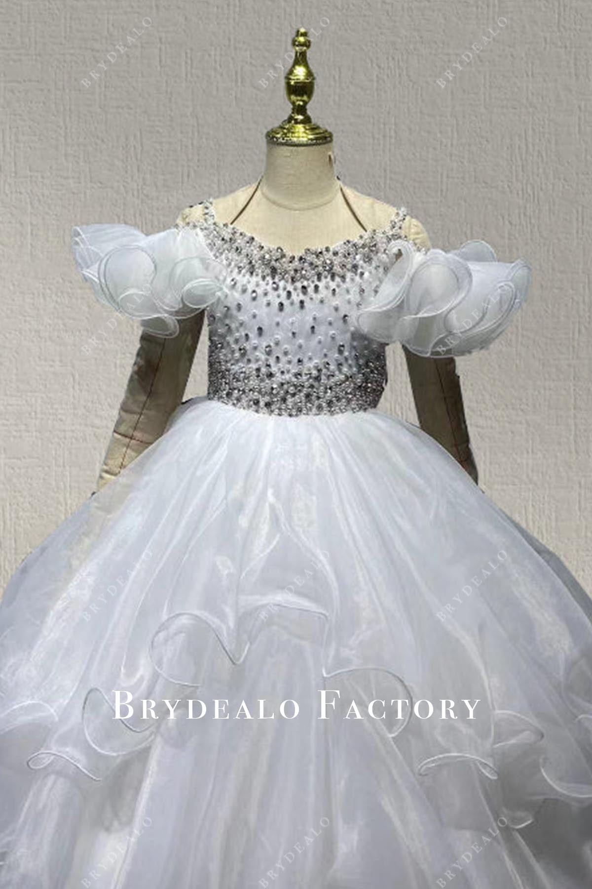 white cold shoulder sleeves pageant dress