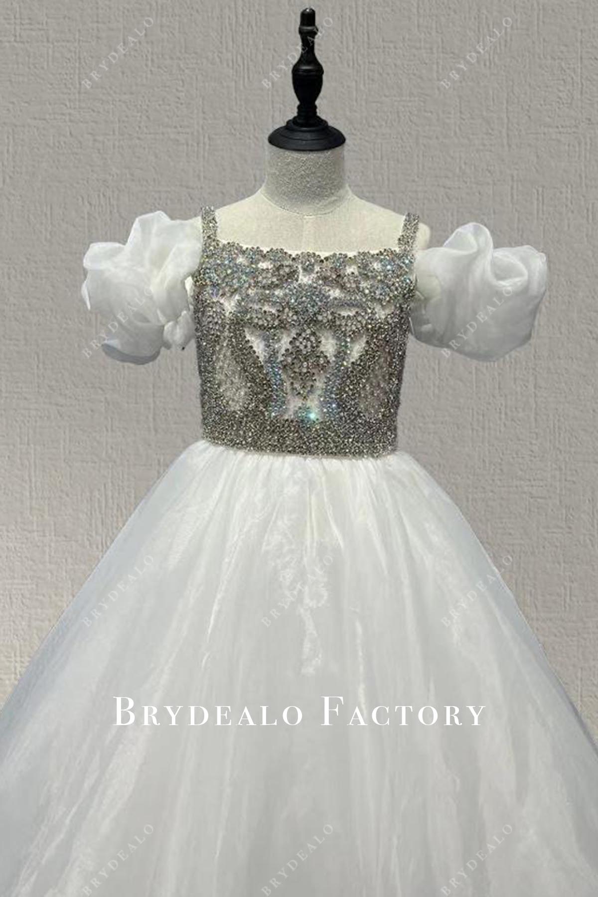 white cold shoulder sleeves pageant dress