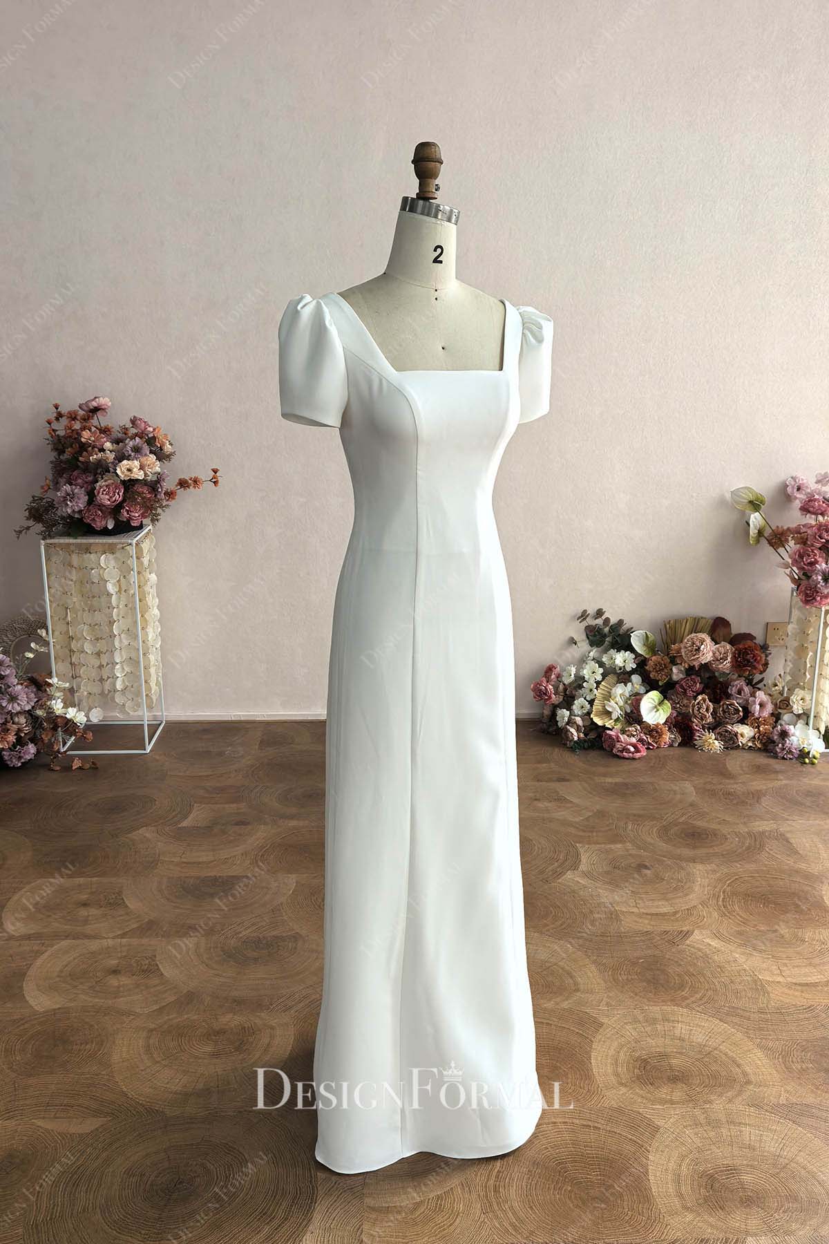 white crepe floor length wedding dress