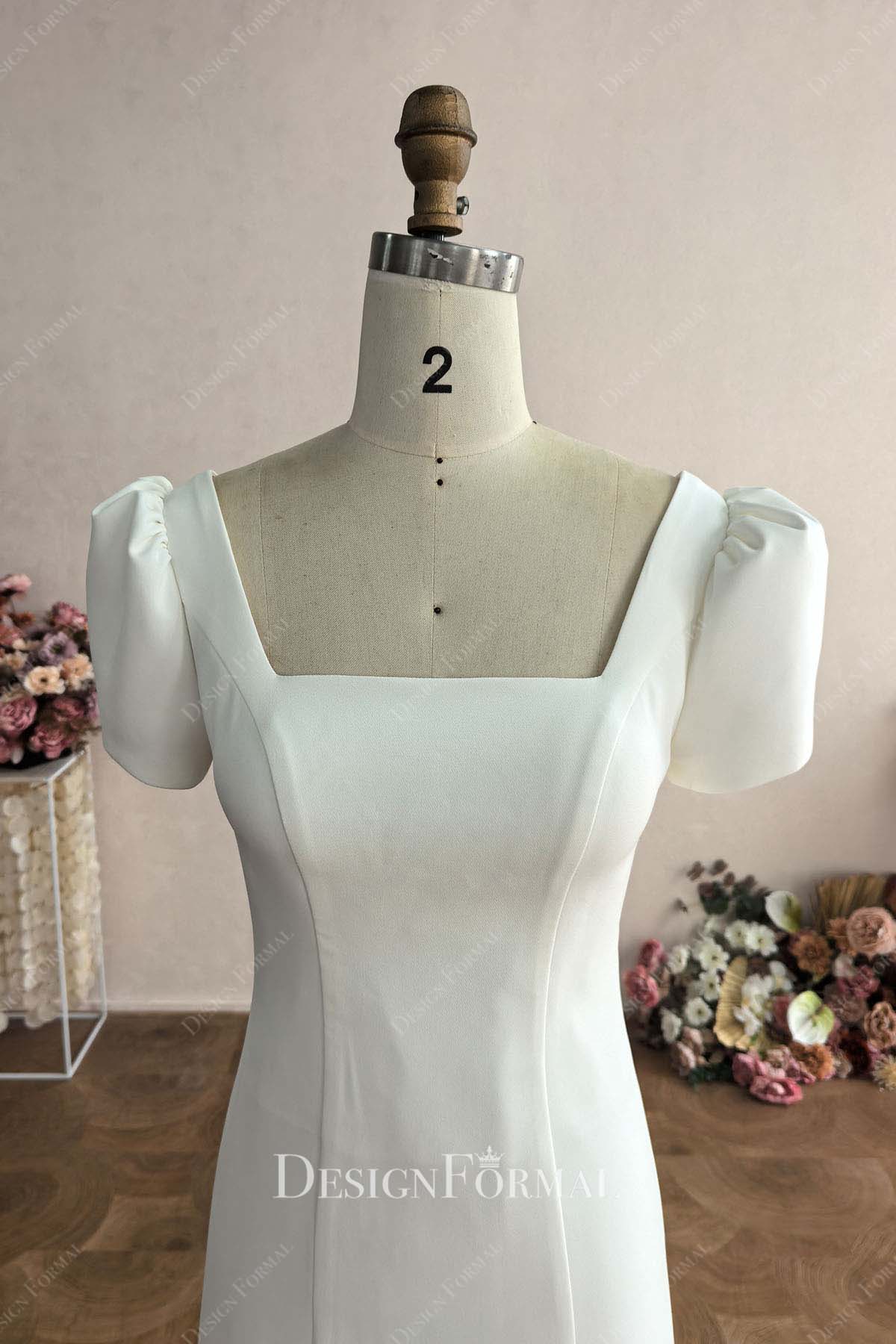 white crepe square neck short sleeve wedding dress