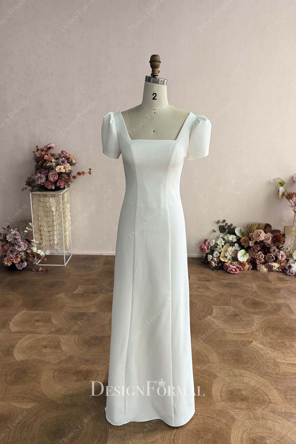 white crepe square neck wedding dress