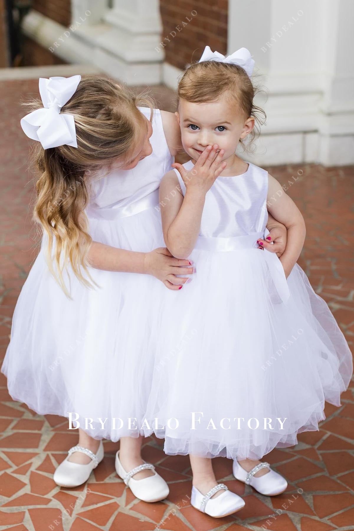 white crew neck a line flower girl dress