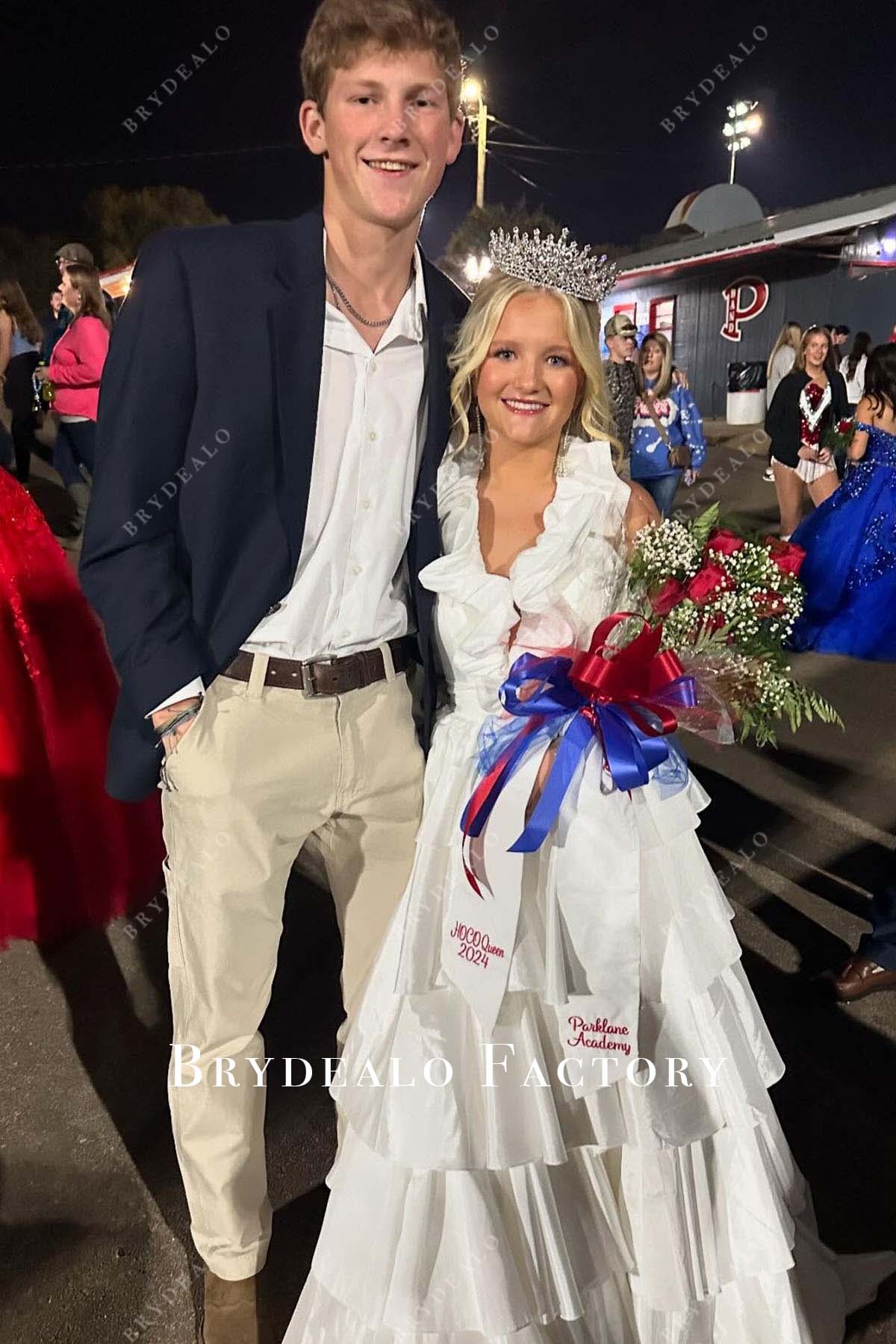 white deep v neck a line homecoming dress