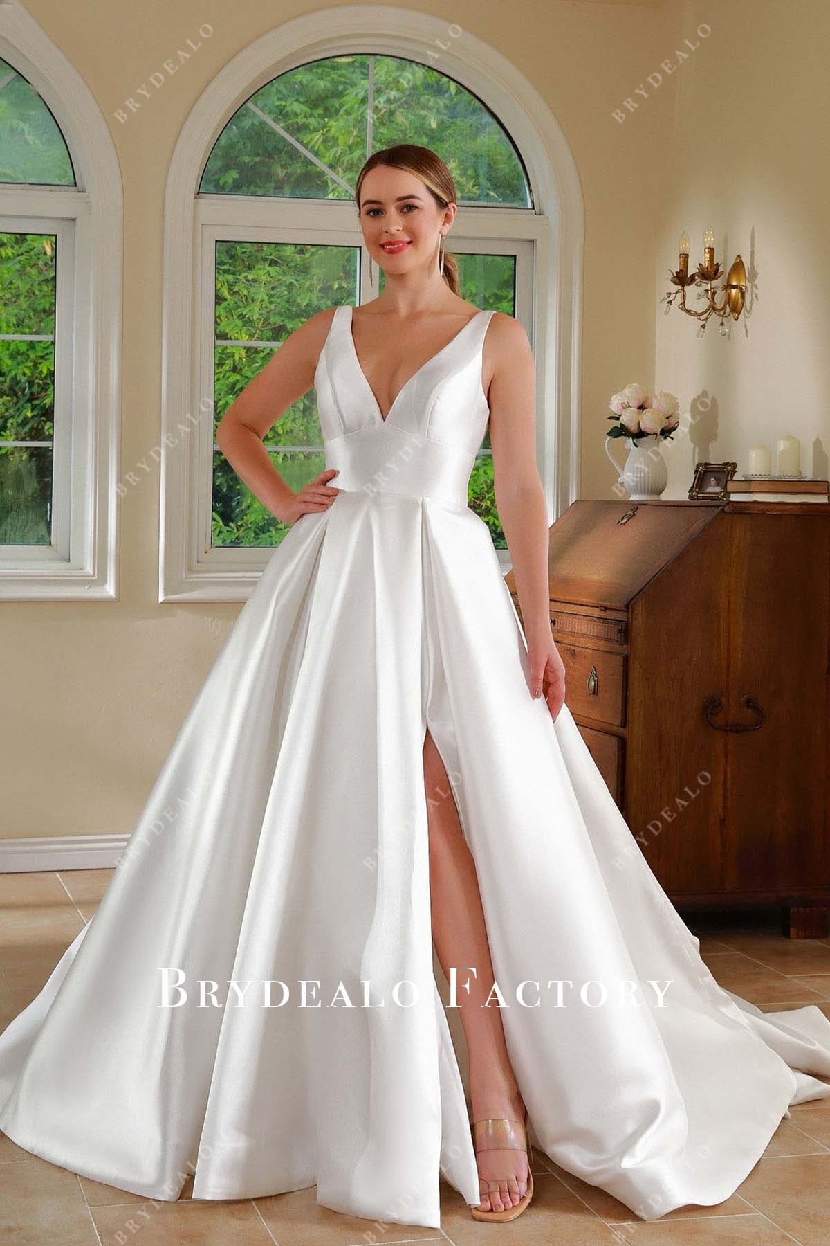 deep v neck white dress White V-Neck Slit Long Train Wedding Ballgown