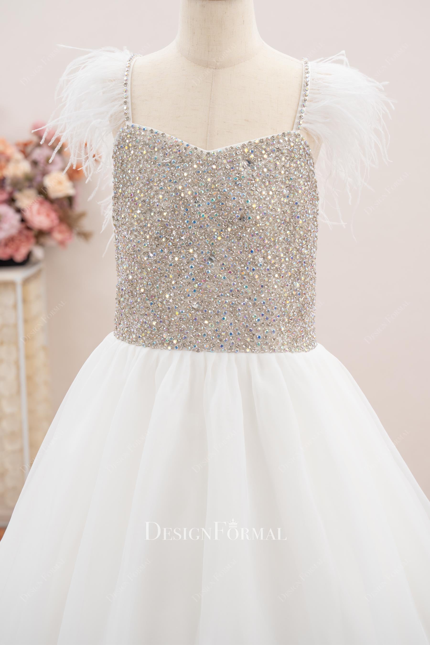 white feather v neck teen pageant dress