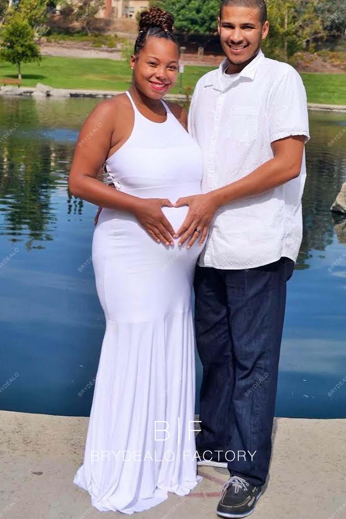 White Jersey Halter Fit and Flare Floor Length Maternity Bridal Dress White Jersey Halter Fit and Flare Floor Length Maternity Bridal Dress