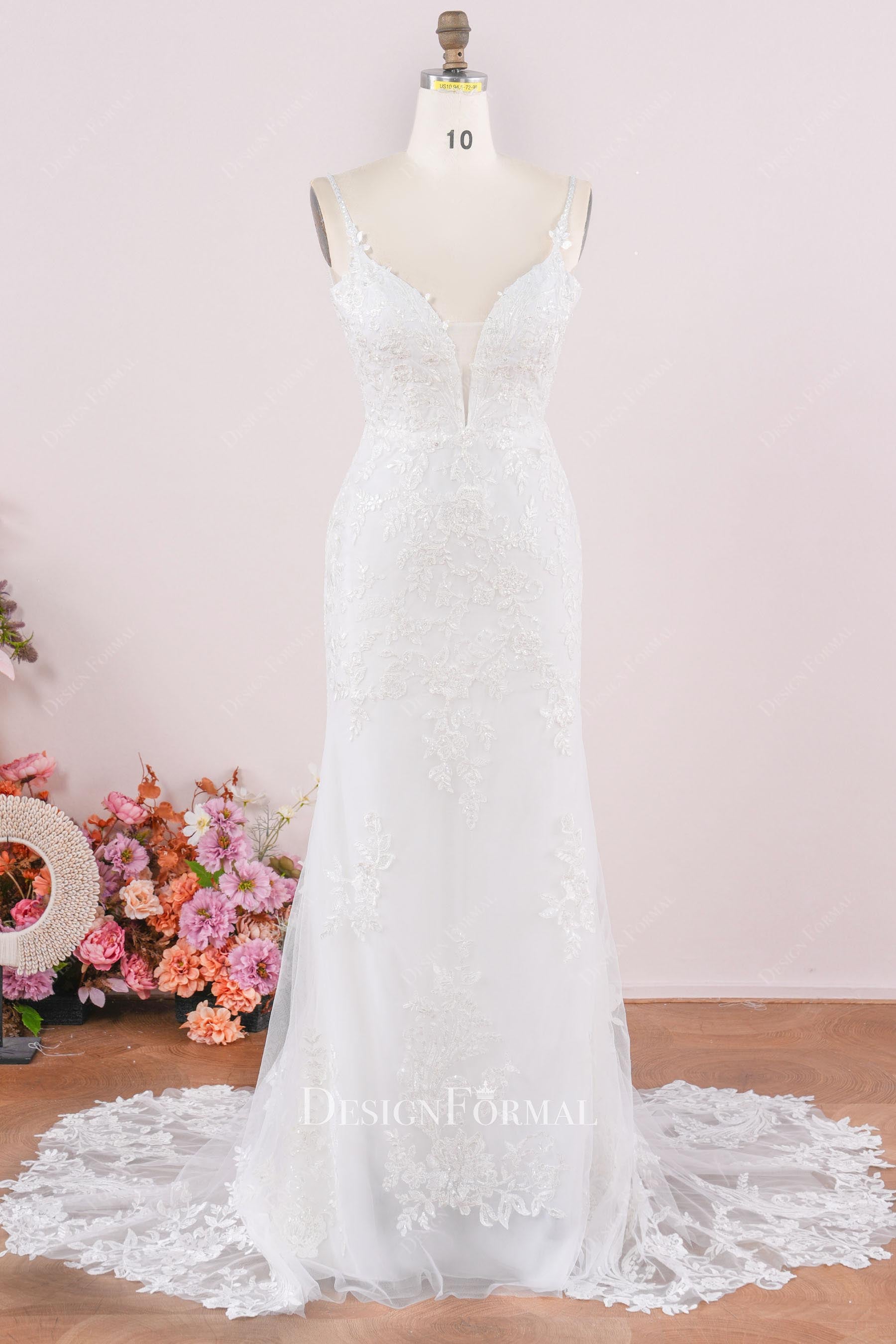 white lace beaded straps mermaid wedding dress