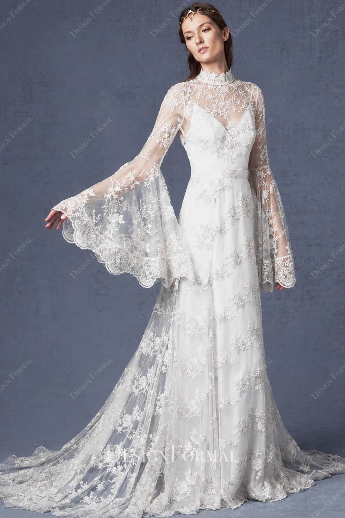 white lace high neck bell sleeve bridal dress