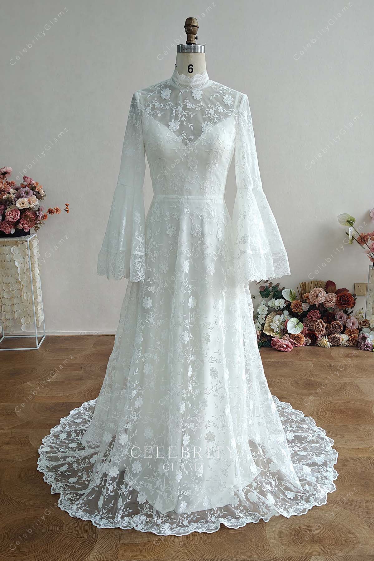 white lace high neck bell sleeve bridal dress