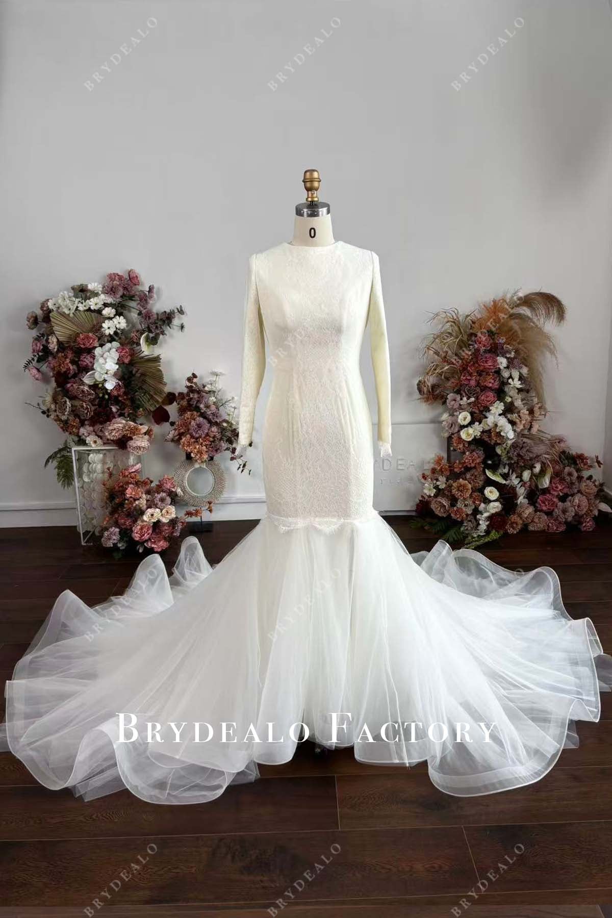 White Lace Overlay Ivory Designer Slit Trumpet Wedding Dress, Ivory