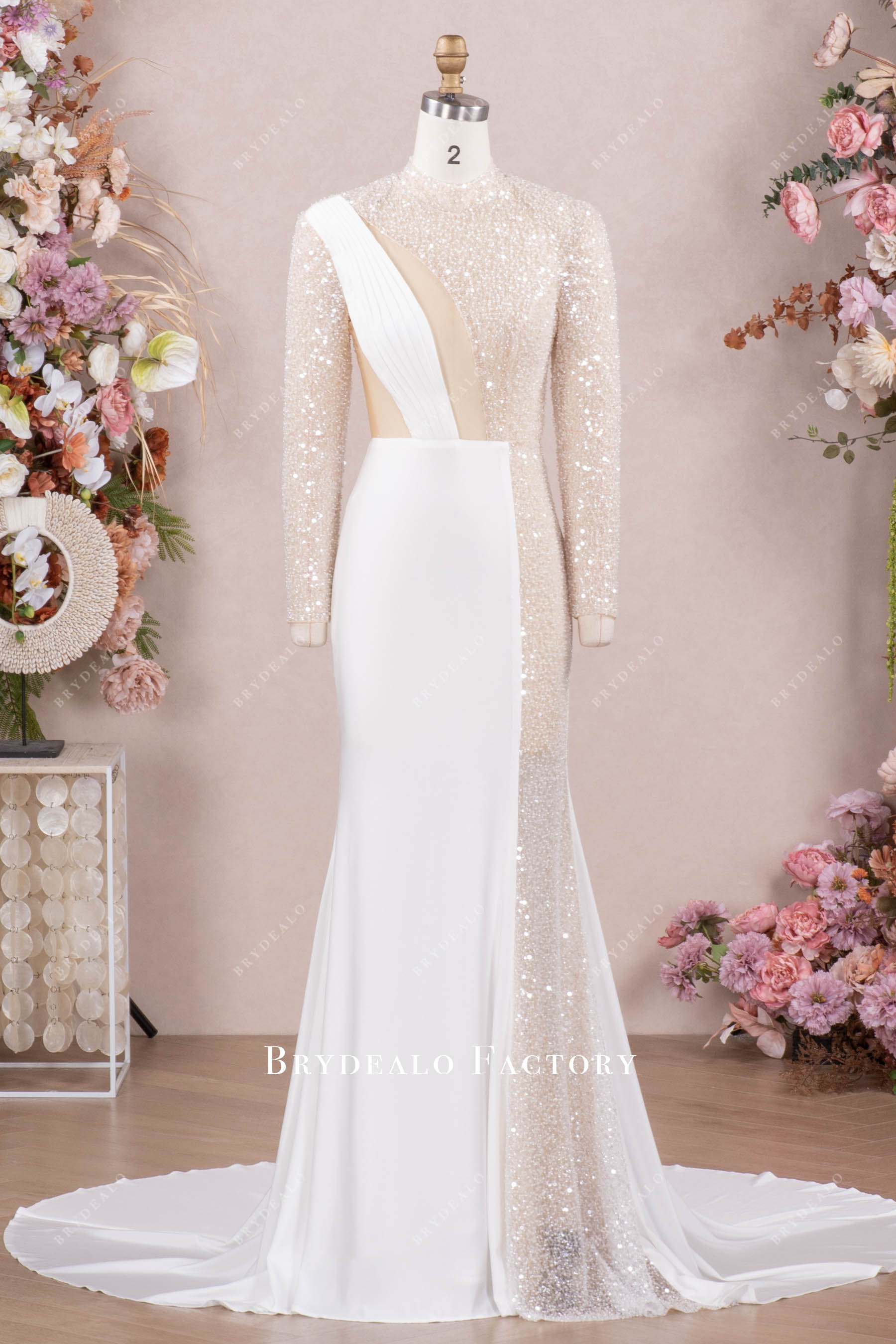Modern White Illusion Sleeves Beading Jersey Prom Dress Modern White Illusion Sleeves Beading Jersey Prom Dress