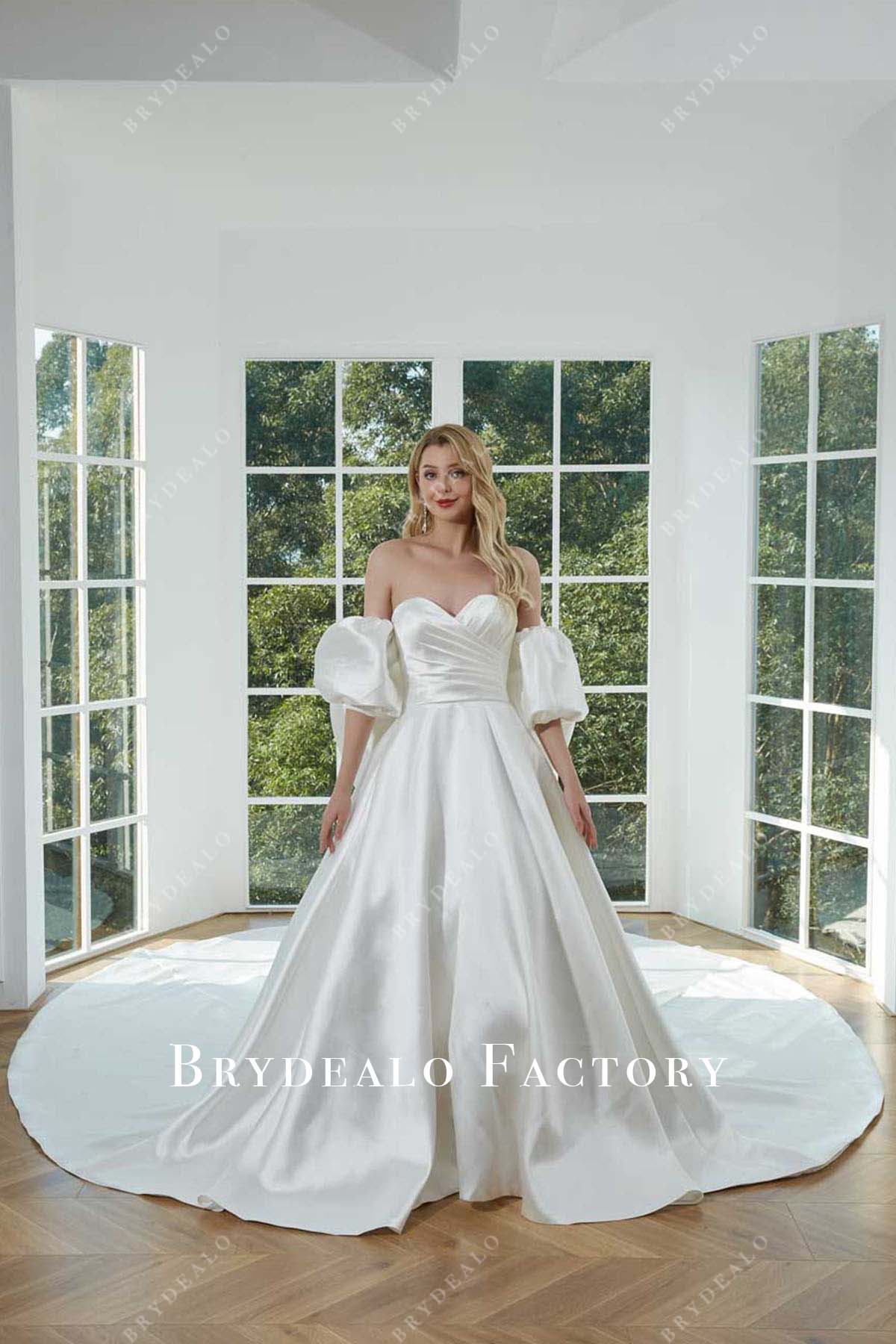 White Satin Off Shoulder Big Bow Long Train Wedding Dress