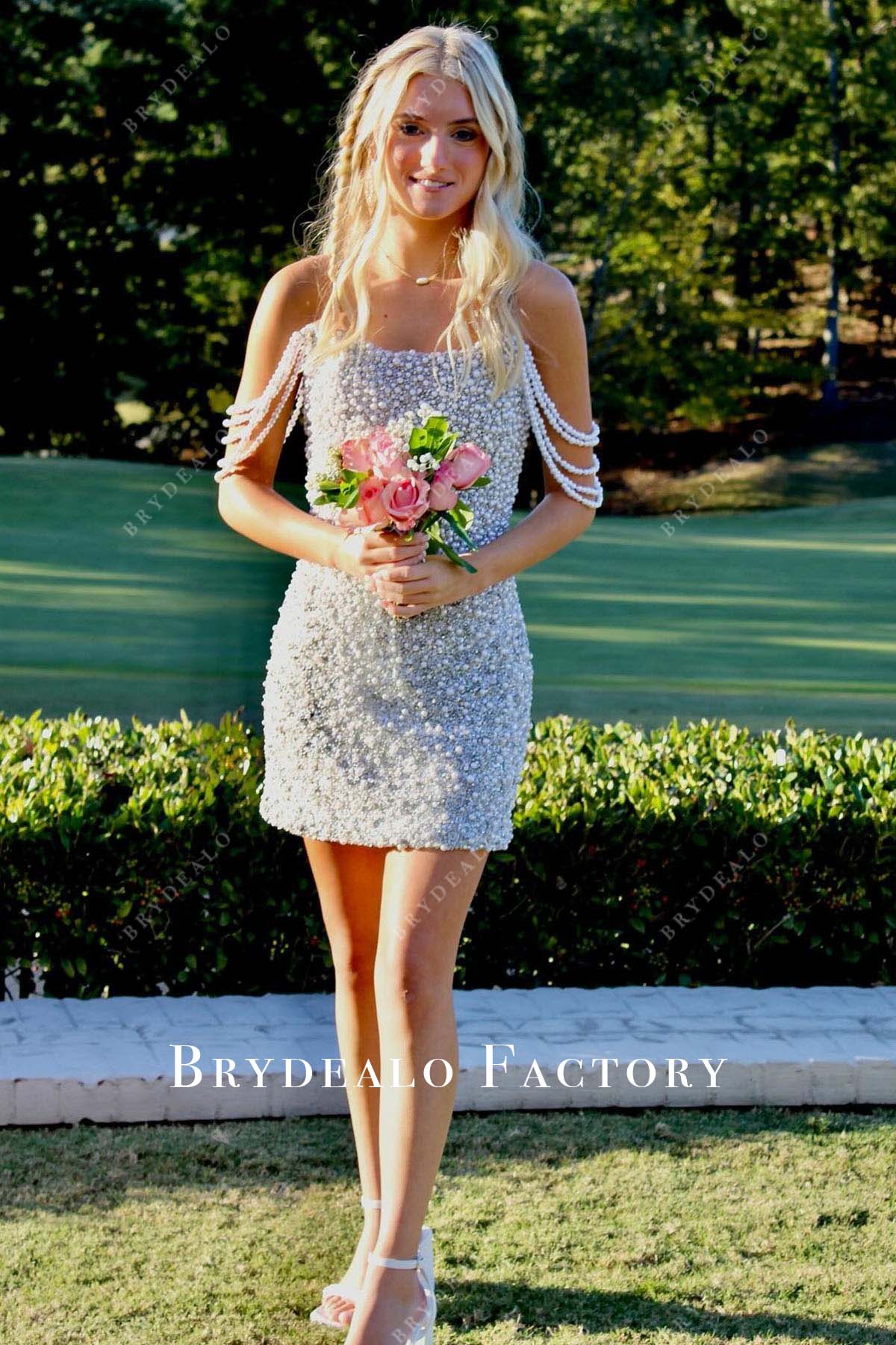 White Pearls Off Shoulder Mini Bodycon Homecoming Prom Dress