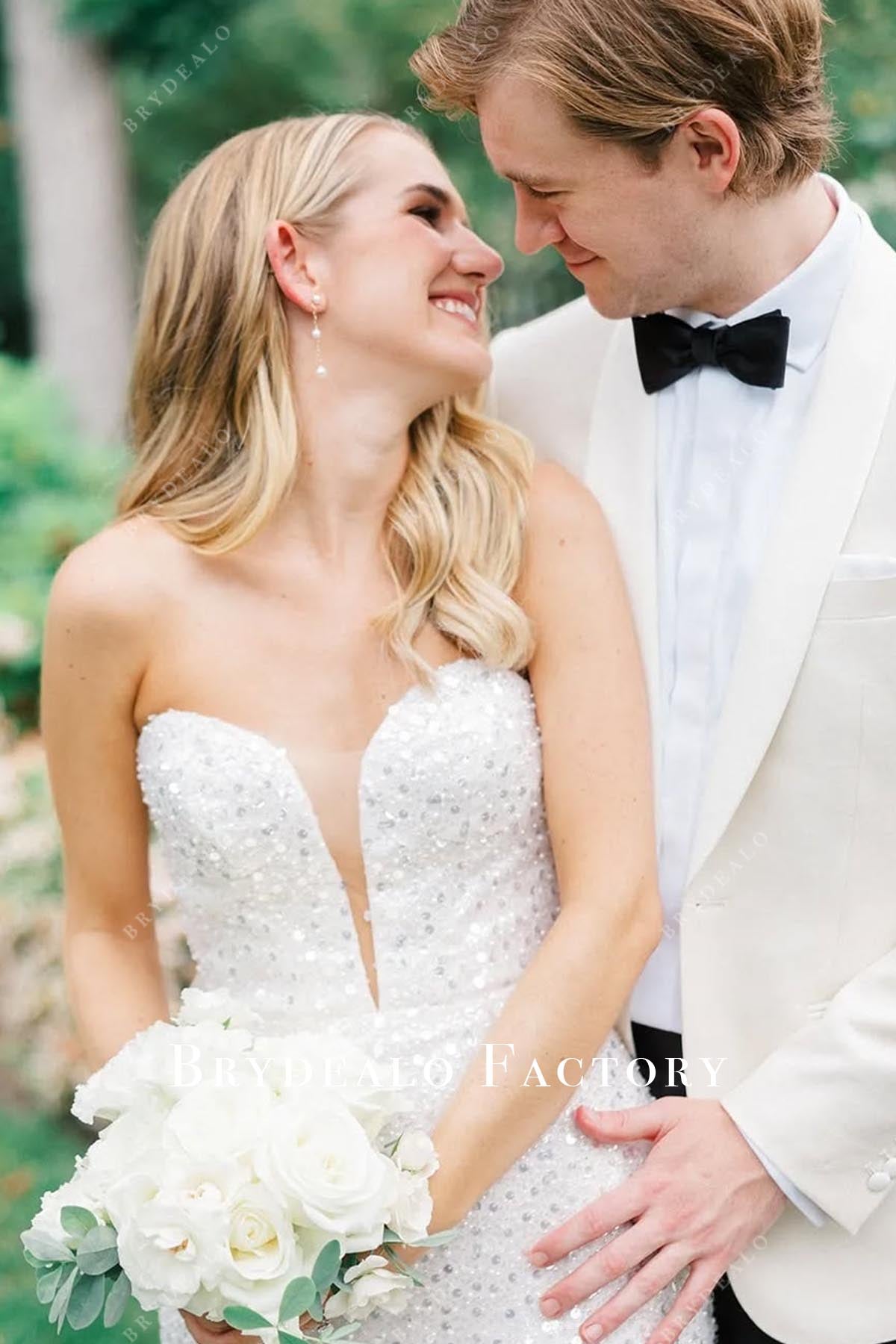 white plunging wedding dress