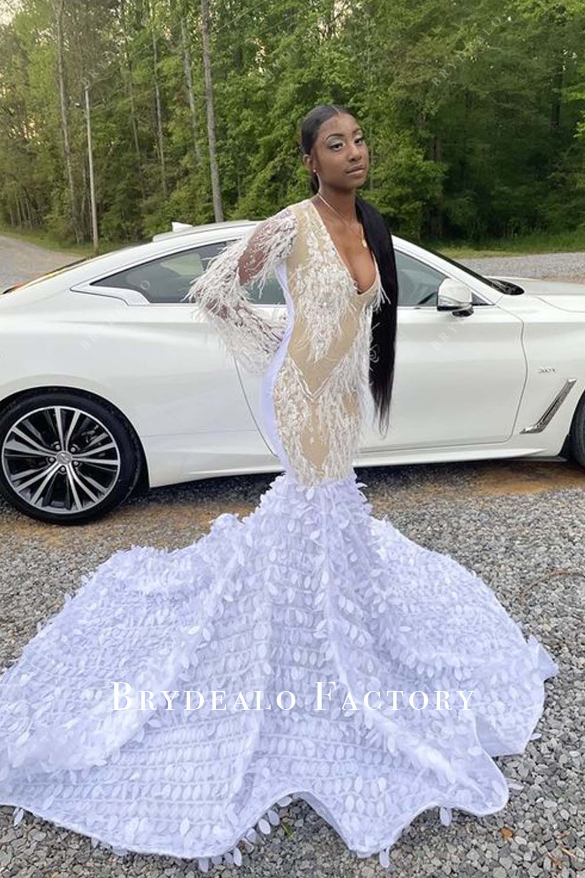 White Leaf Trumpet Long Sleeve Feather Sequin Formal Dress White Leaf Trumpet Long Sleeve Feather Sequin Formal Dress