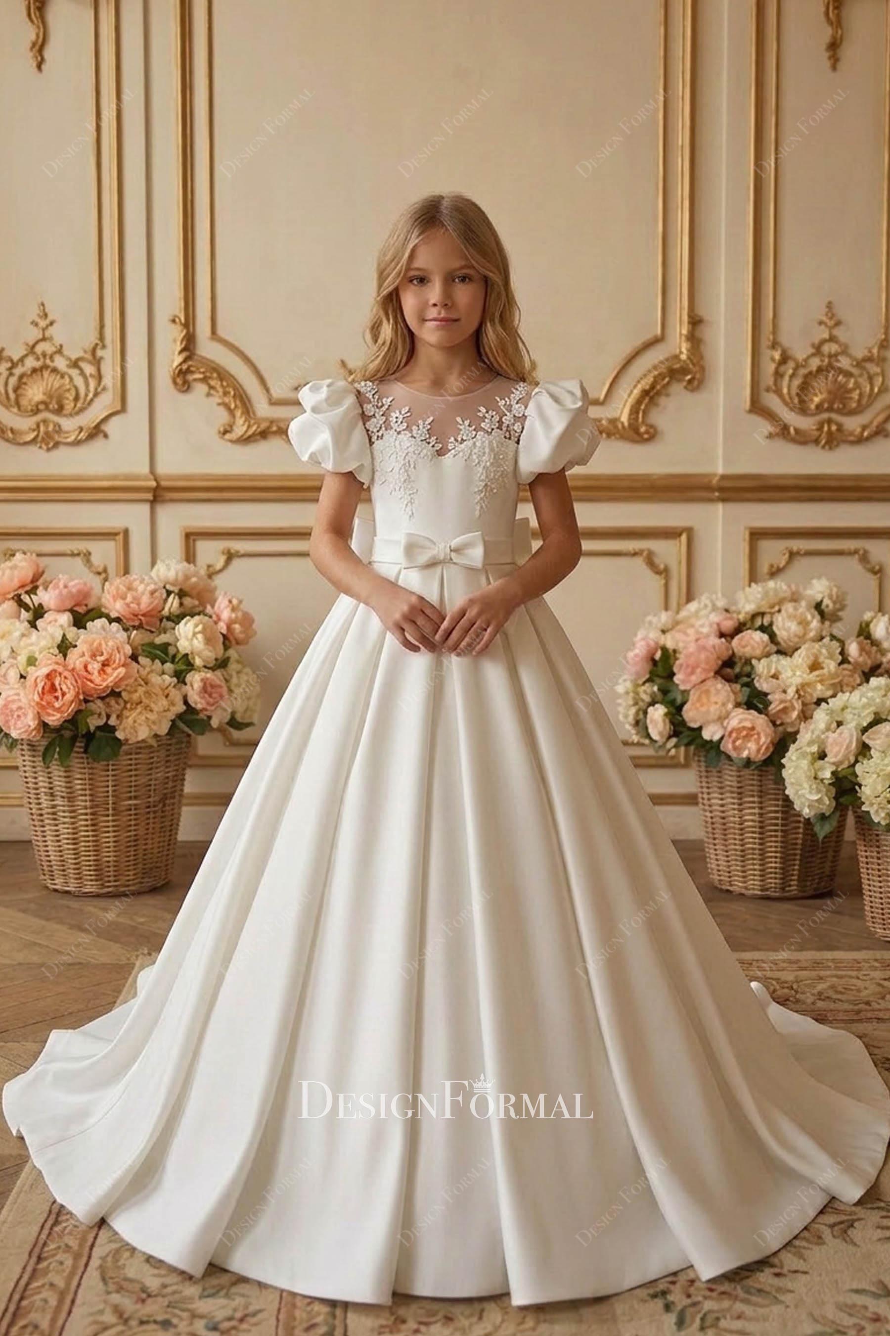 Illusion Neck Lace Puffy Sleeve A-Line First Communion Dress