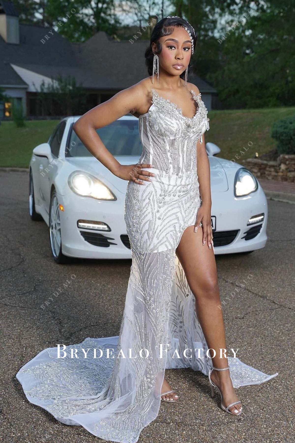 White Rhinestones Strapless Slit Mermaid Prom Dress White Rhinestones Strapless Slit Mermaid Prom Dress