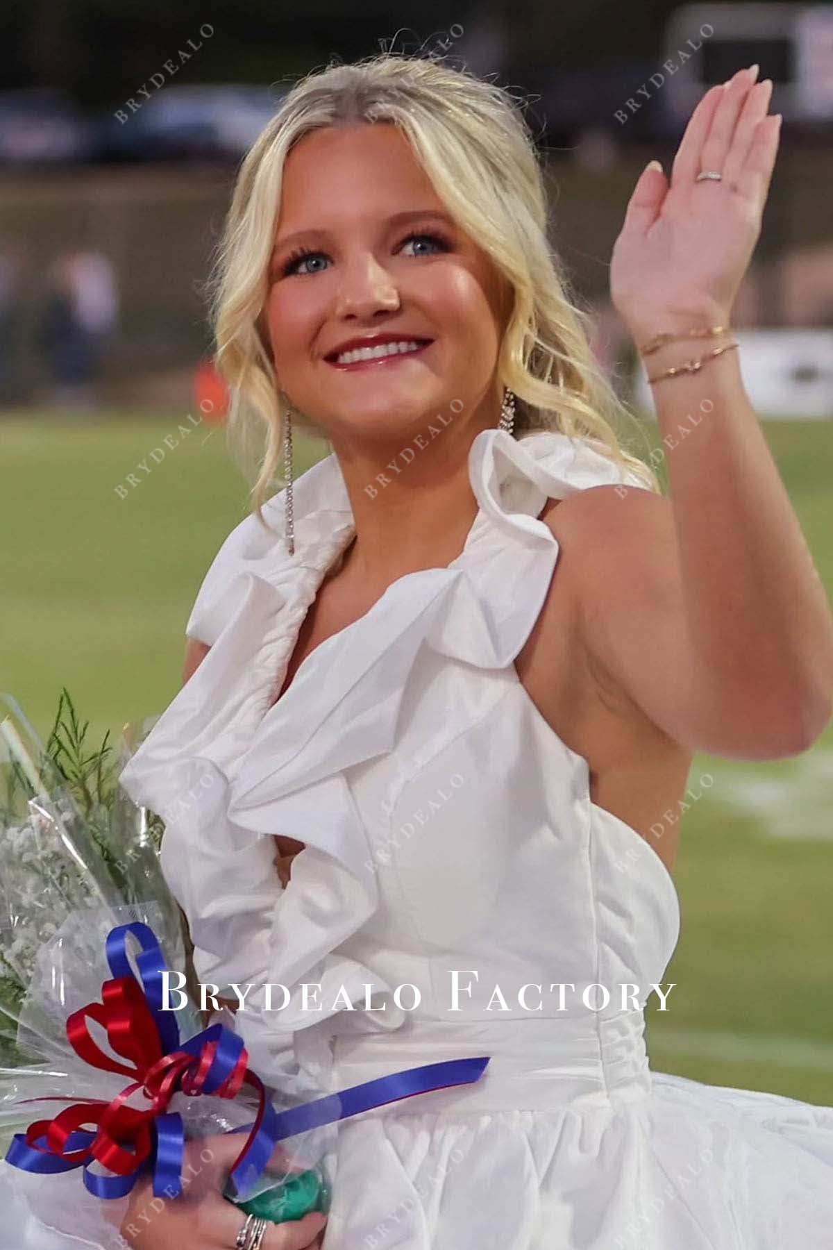 white ruffled halter a line homecoming dress