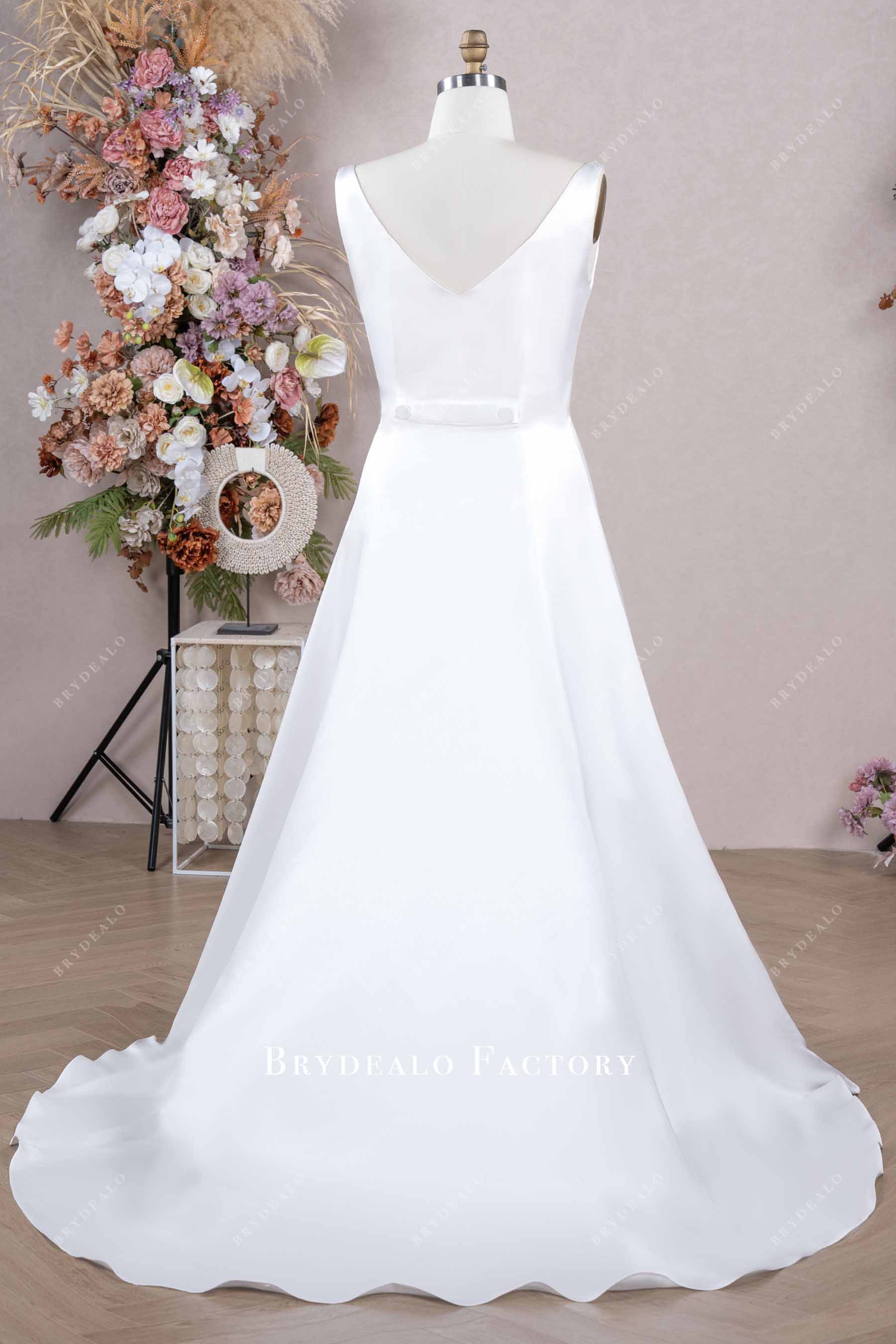 white satin court train wedding dress