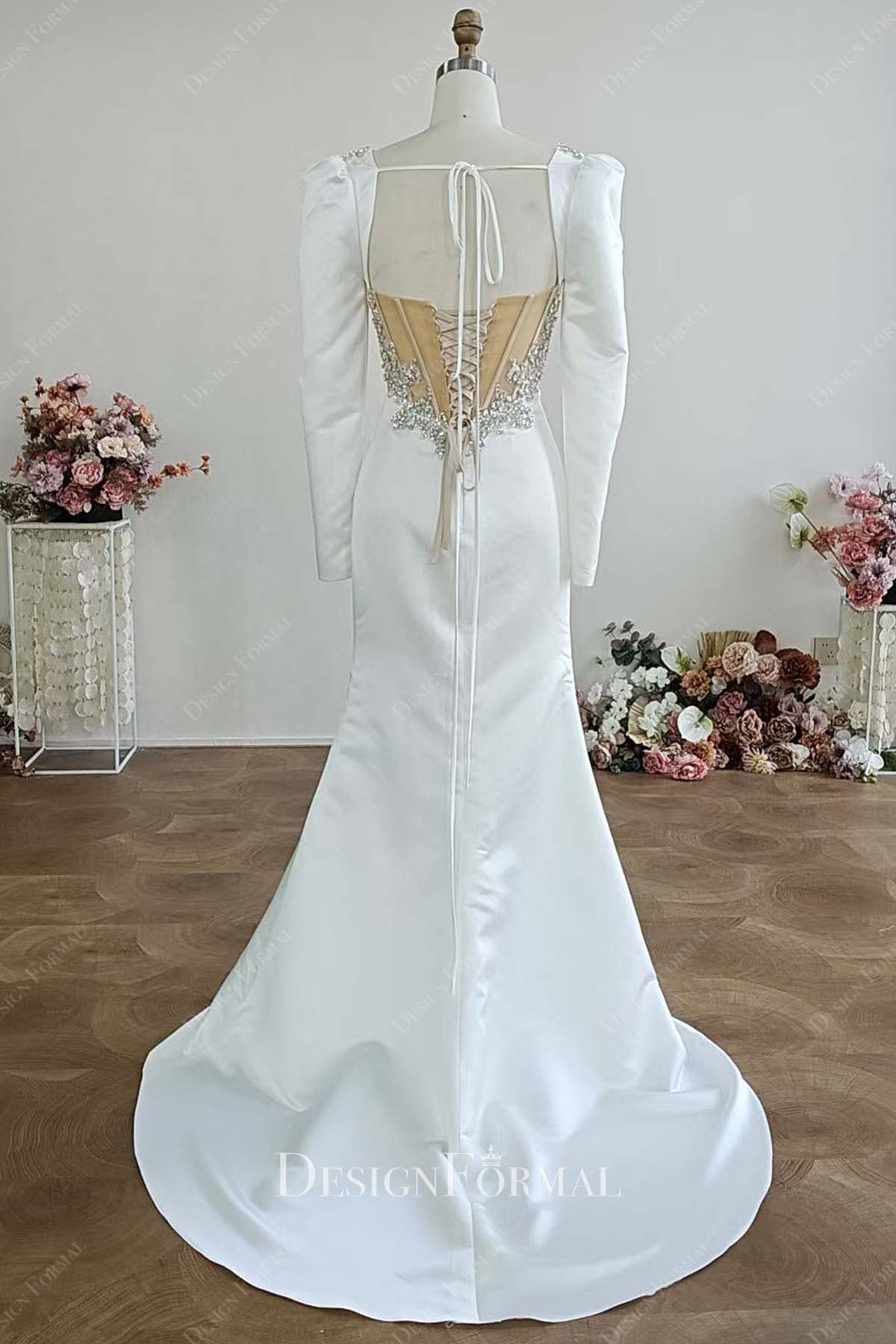 white satin mermaid sweep train bridal dress