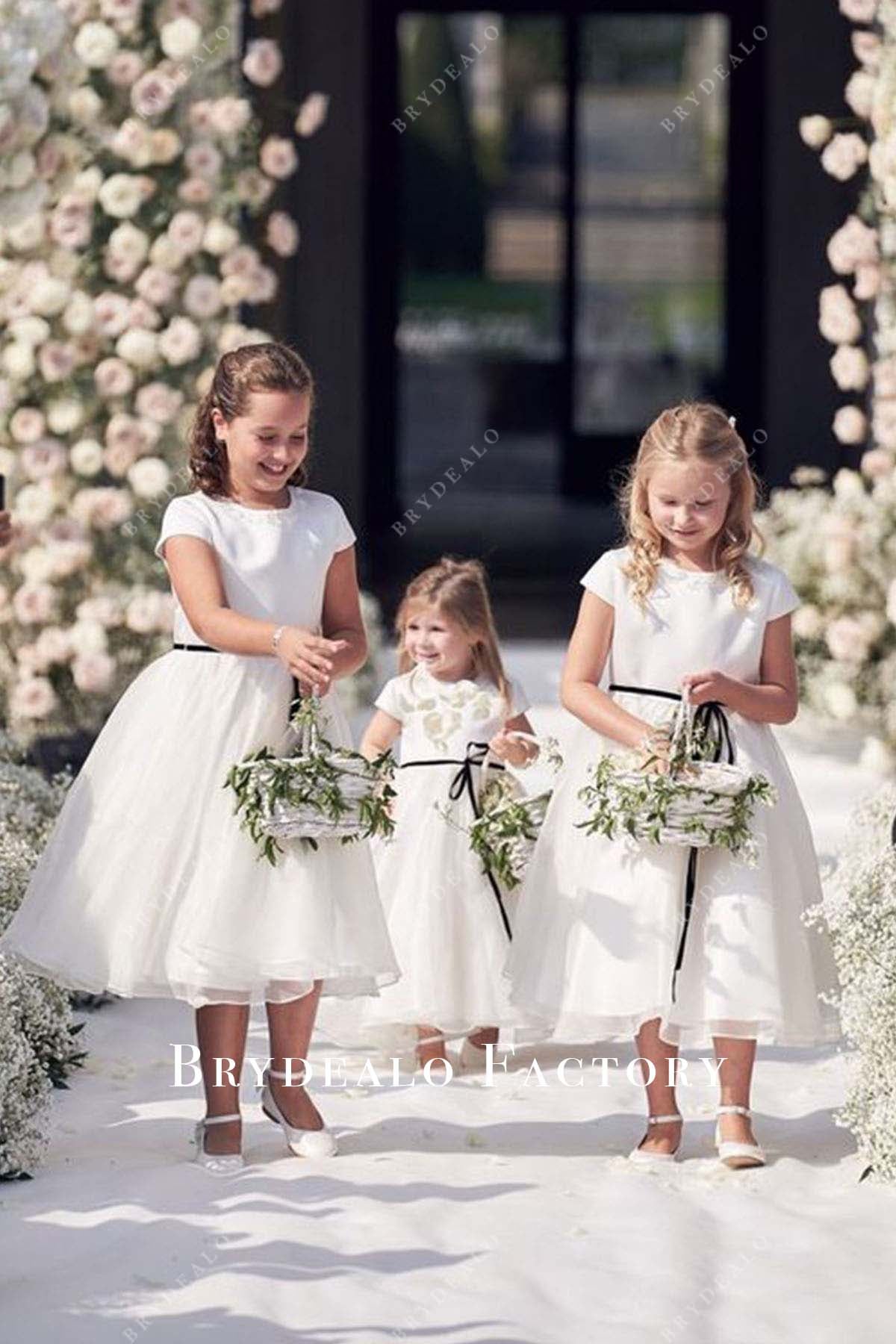 simple white girl dresses Cute White Satin Organza A-Line Tea Length Flower Girl Dress
