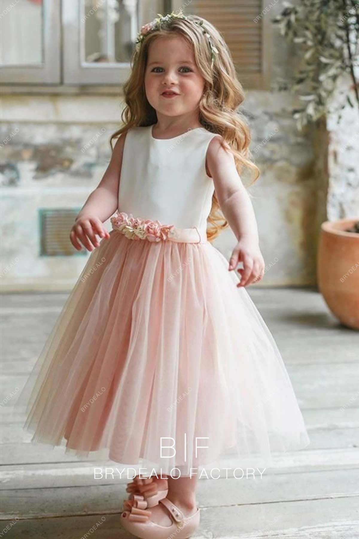 White Satin Pearl Pink Tulle Tea Length Custom Flower Girl Dress White Satin Pearl Pink Tulle Tea Length Custom Flower Girl Dress