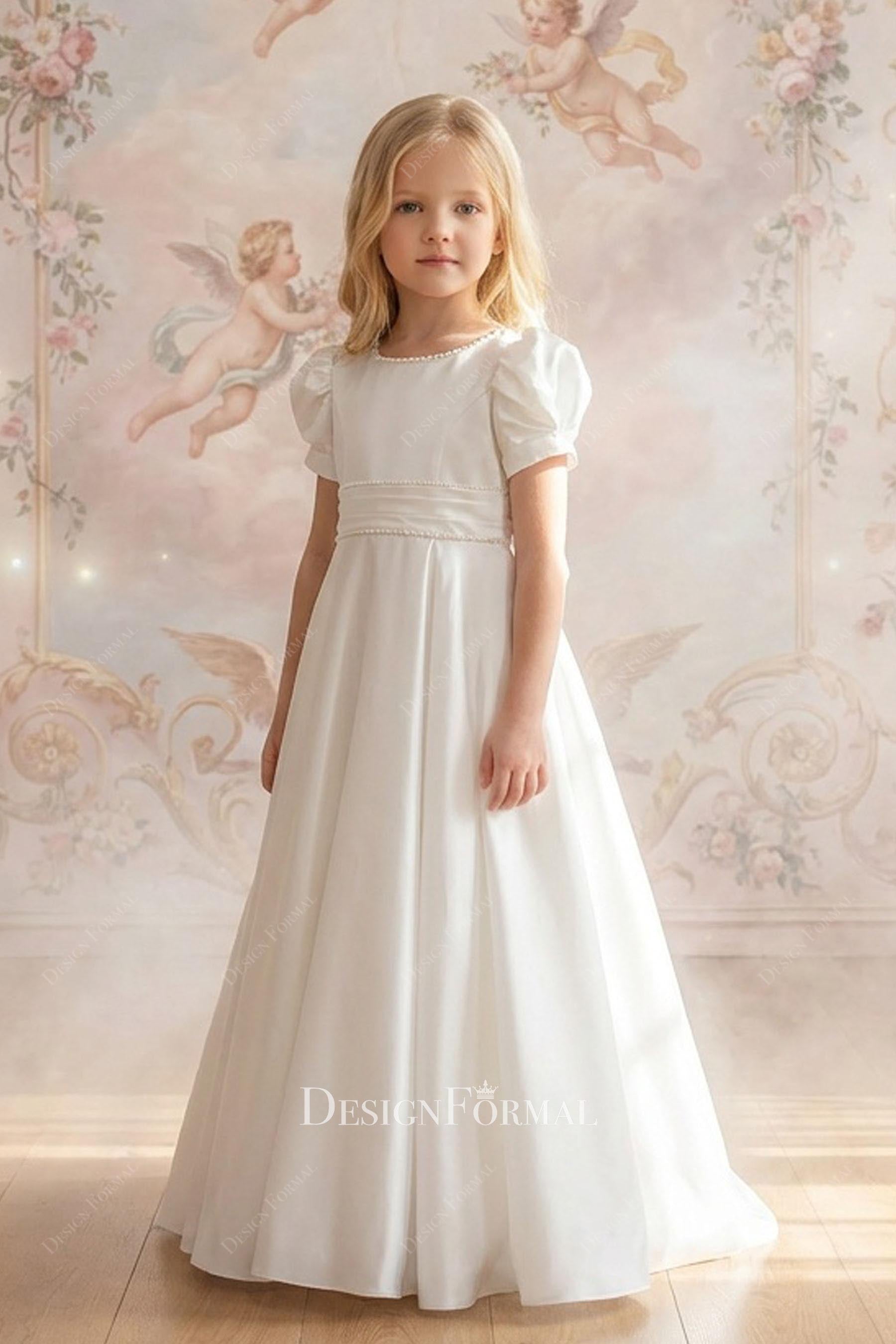 white satin short sleeve flower girl dress