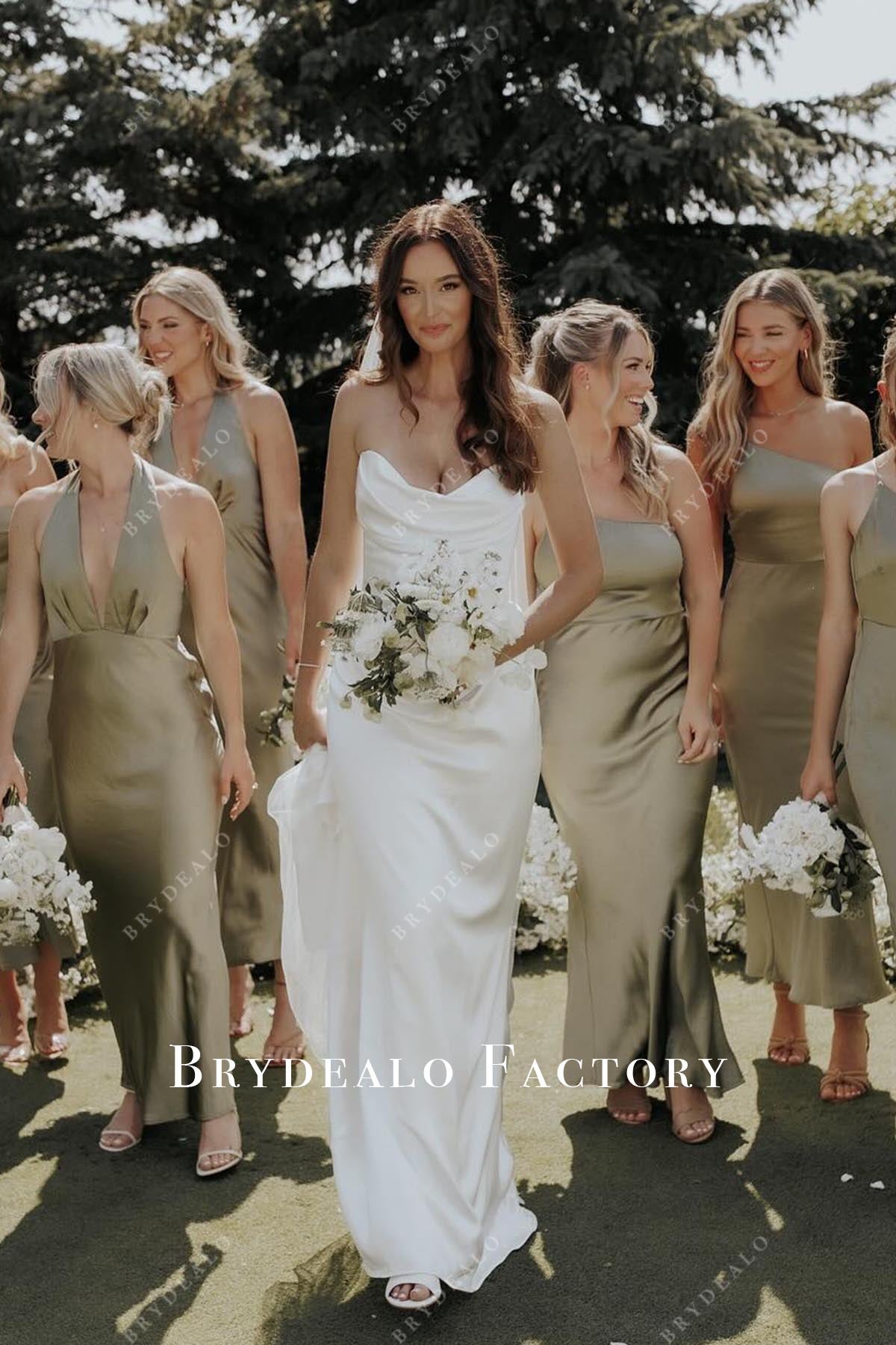 white satin strapless wedding dress