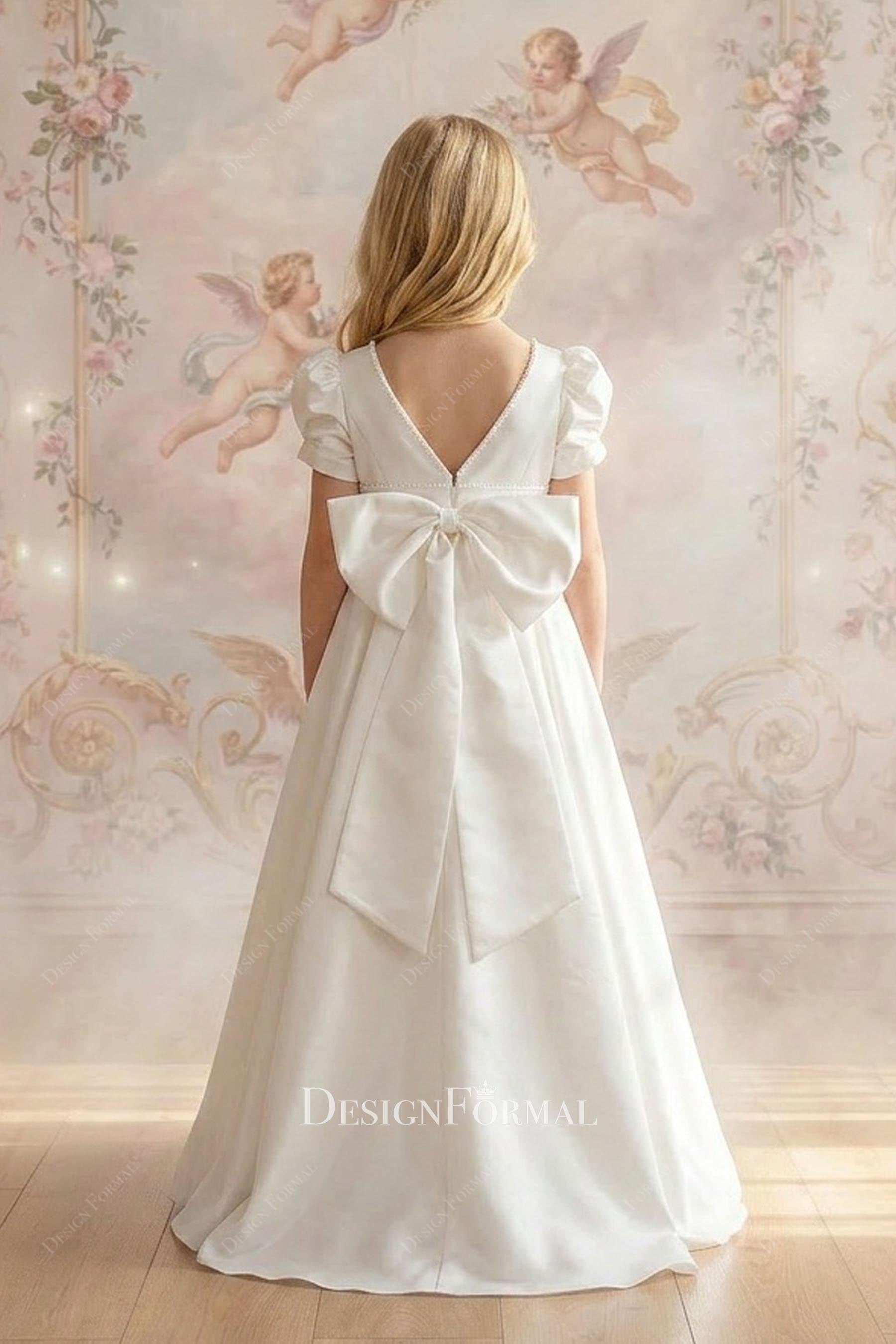white satin v back flower girl dress