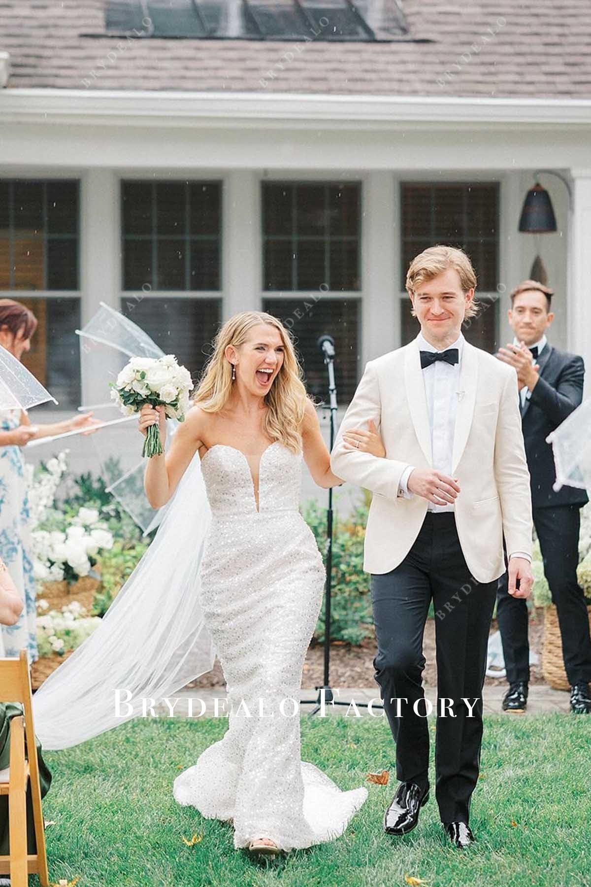 white sequined strapless wedding dress