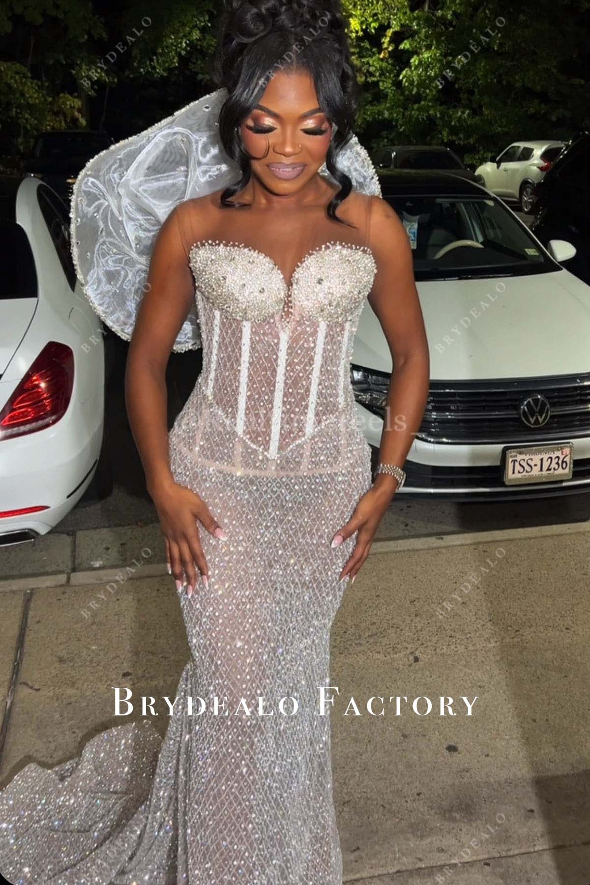 Illusion Corset Shimmer White Mermaid Long Train Prom Dress