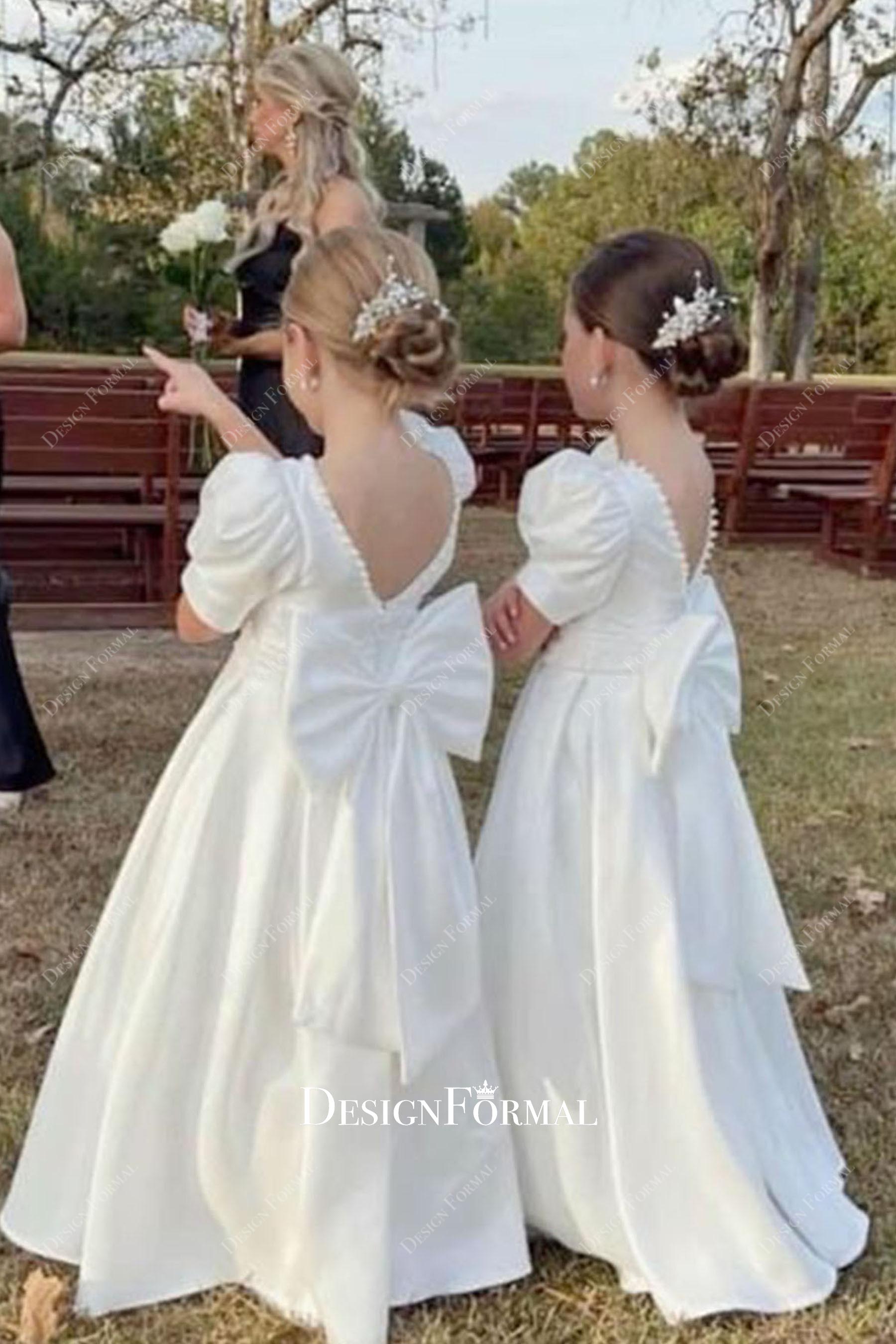 white short sleeves V-back bow flower girl dress