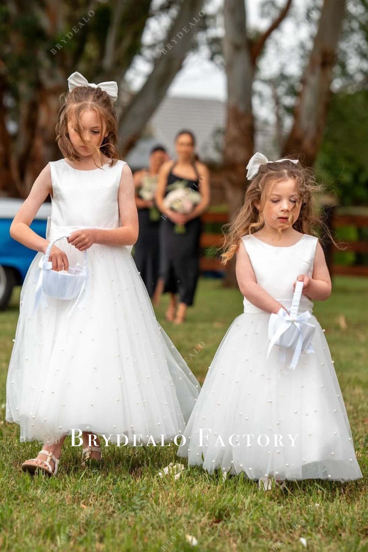 Flower Girl Dress | White Sleeveless Pearls Ankle Length Litter Girl Gown Flower Girl Dress | White Sleeveless Pearls Ankle Length Litter Girl Gown