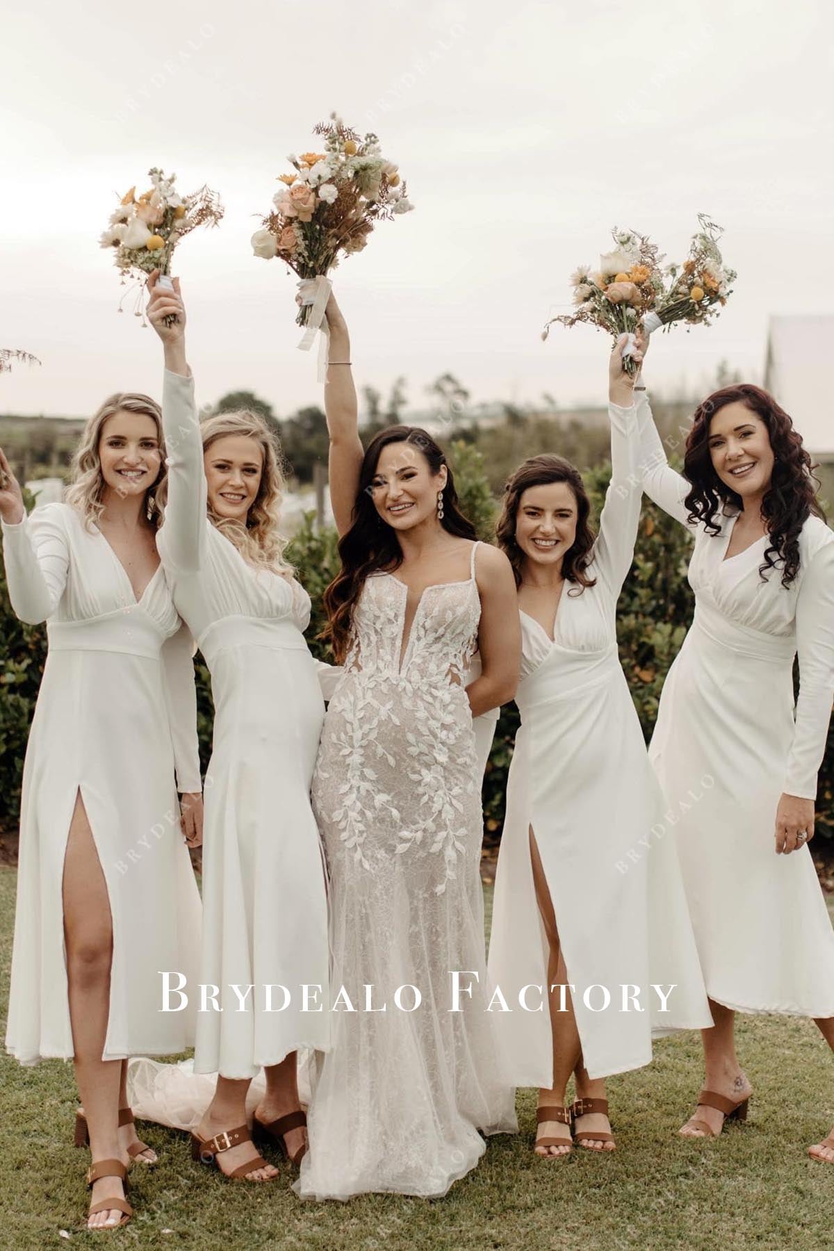 white slit a line bridesmaid dress